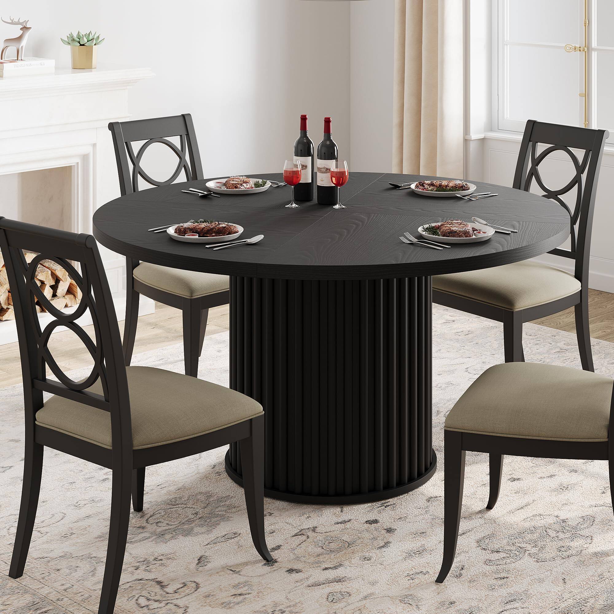Front. Jojoka - 47" Round Dining Table for 4-6, Black MDF Top with Waveform Metal Base, Ideal for Dining Room - Black.