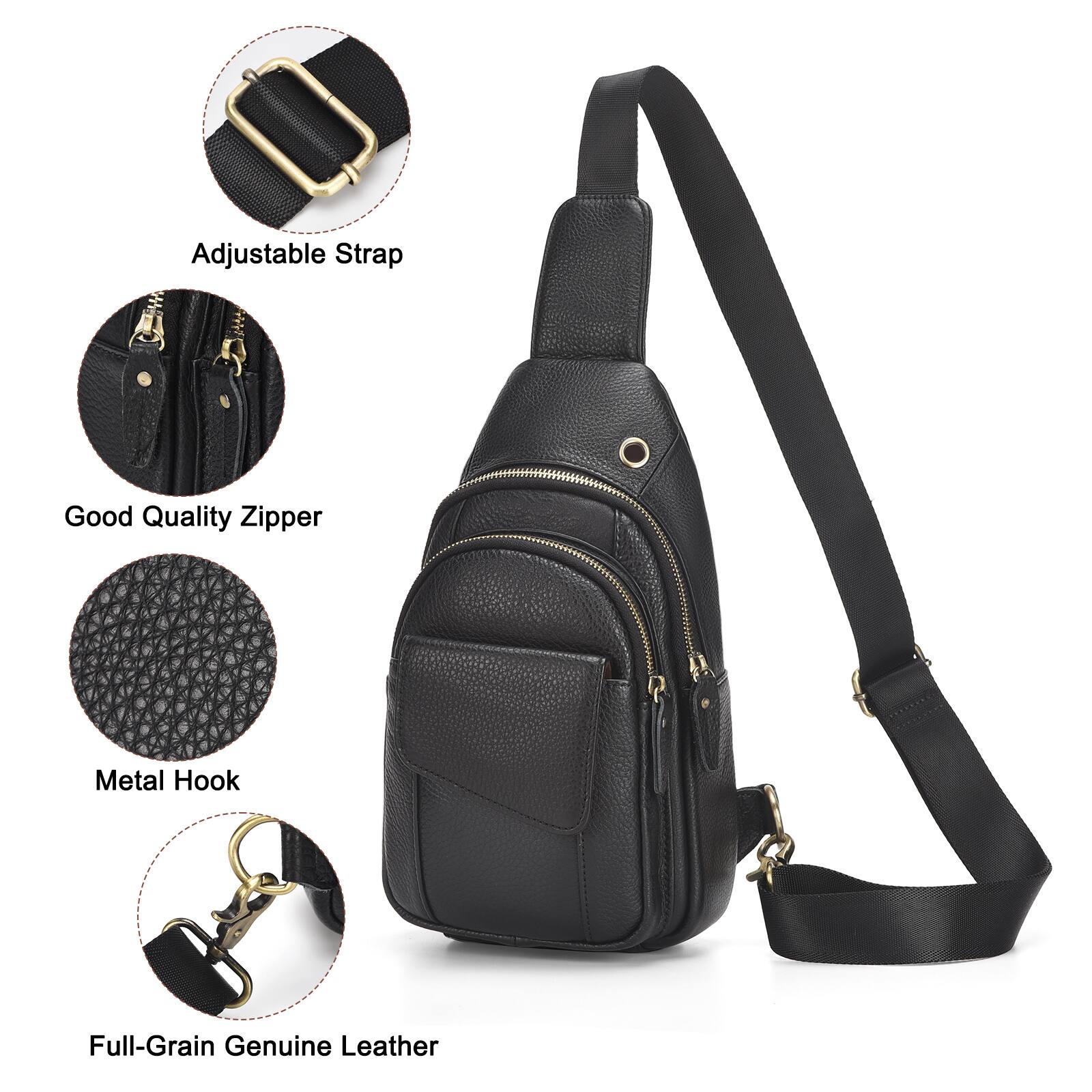 Adjustable Strap  
Good Quality Zipper  
Metal Hook  
Full-Grain Genuine Leather