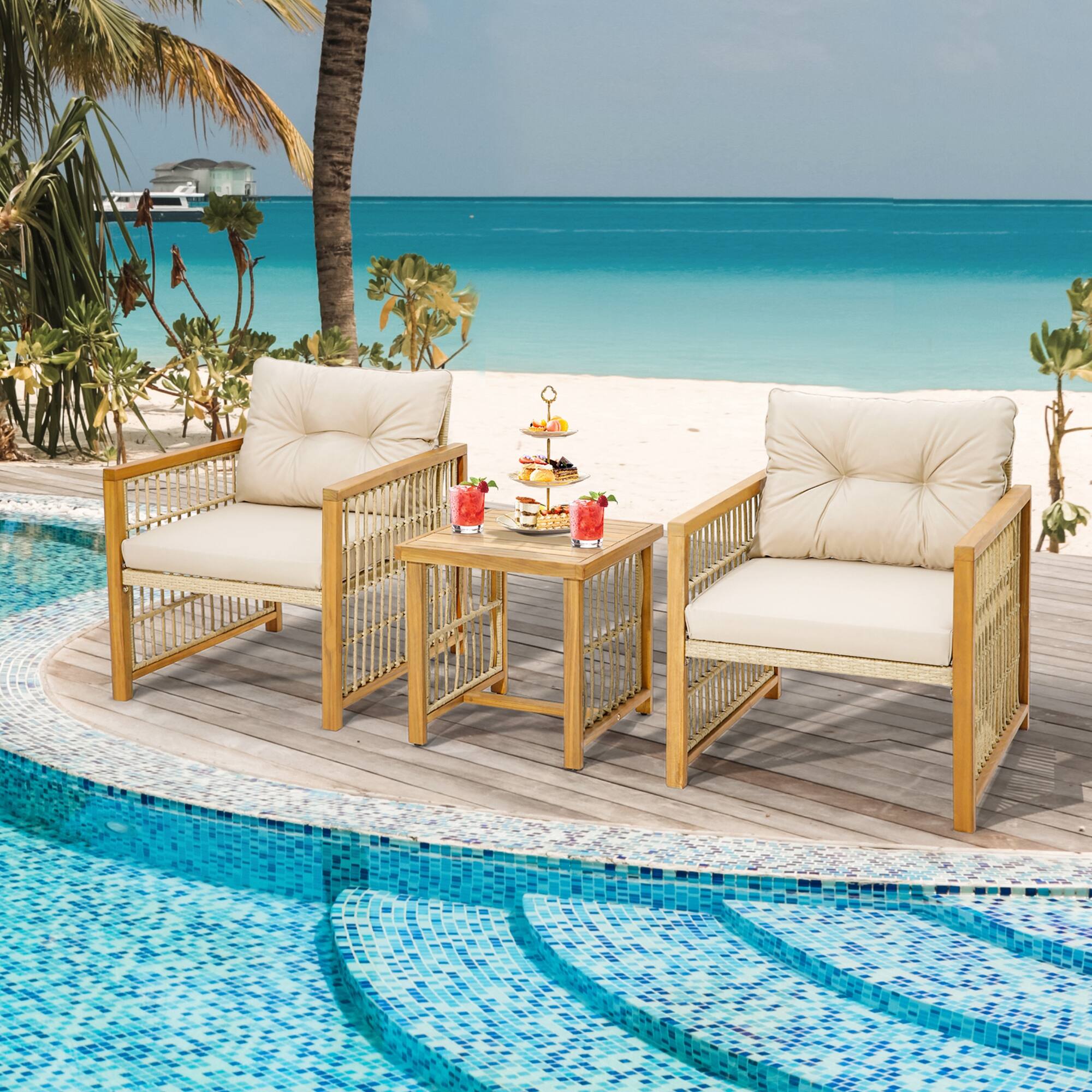 Alt View 1. Costway - Costway 3PCS Patio PE Wicker Conversation Set Acacia Wood Frame withSeat & Back Cushions - Brown.