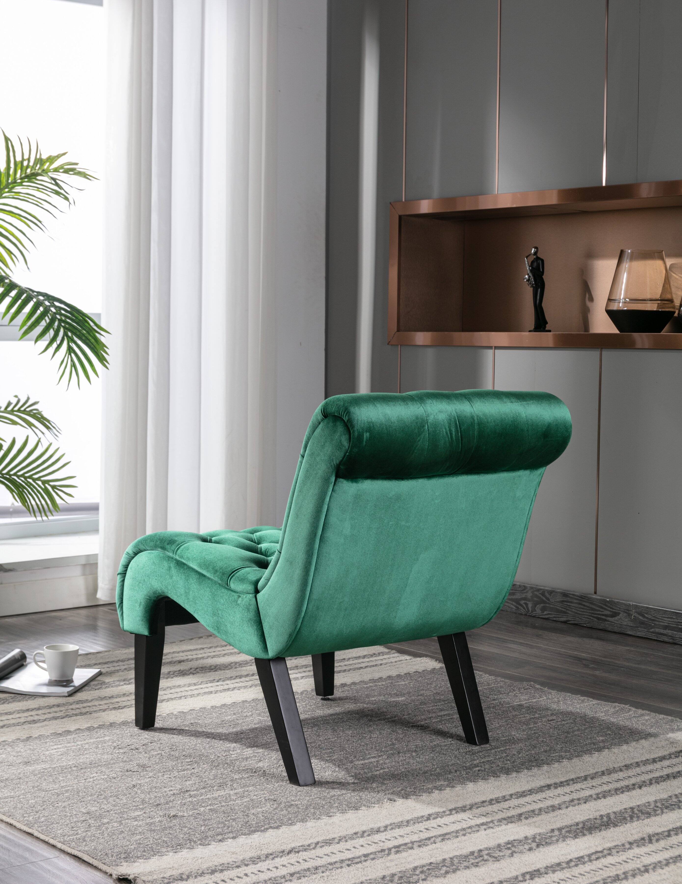 Back. Trinkets Crazed - Velvet Accent Lounge Chair for Living Room, Modern Leisure Chair with Tufted Backrest, Indoor Armless Side Chair - Green.
