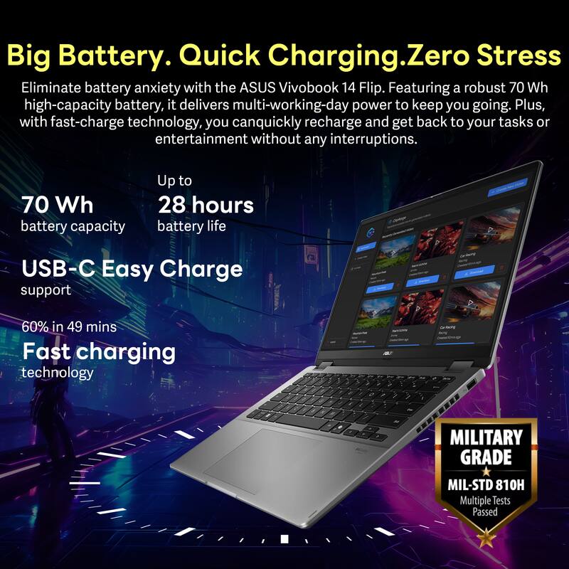 Big Battery. Quick Charging. Zero Stress

Eliminate battery anxiety with the ASUS Vivobook 14 Flip. Featuring a robust 70 Wh high-capacity battery, it delivers multi-working-day power to keep you going. Plus, with fast-charge technology, you can quickly recharge and get back to your tasks or entertainment without any interruptions.

- 70 Wh battery capacity
- Up to 28 hours battery life
- USB-C Easy Charge support
- 60% in 49 mins Fast charging technology

MILITARY GRADE MIL-STD 810H Multiple Tests Passed