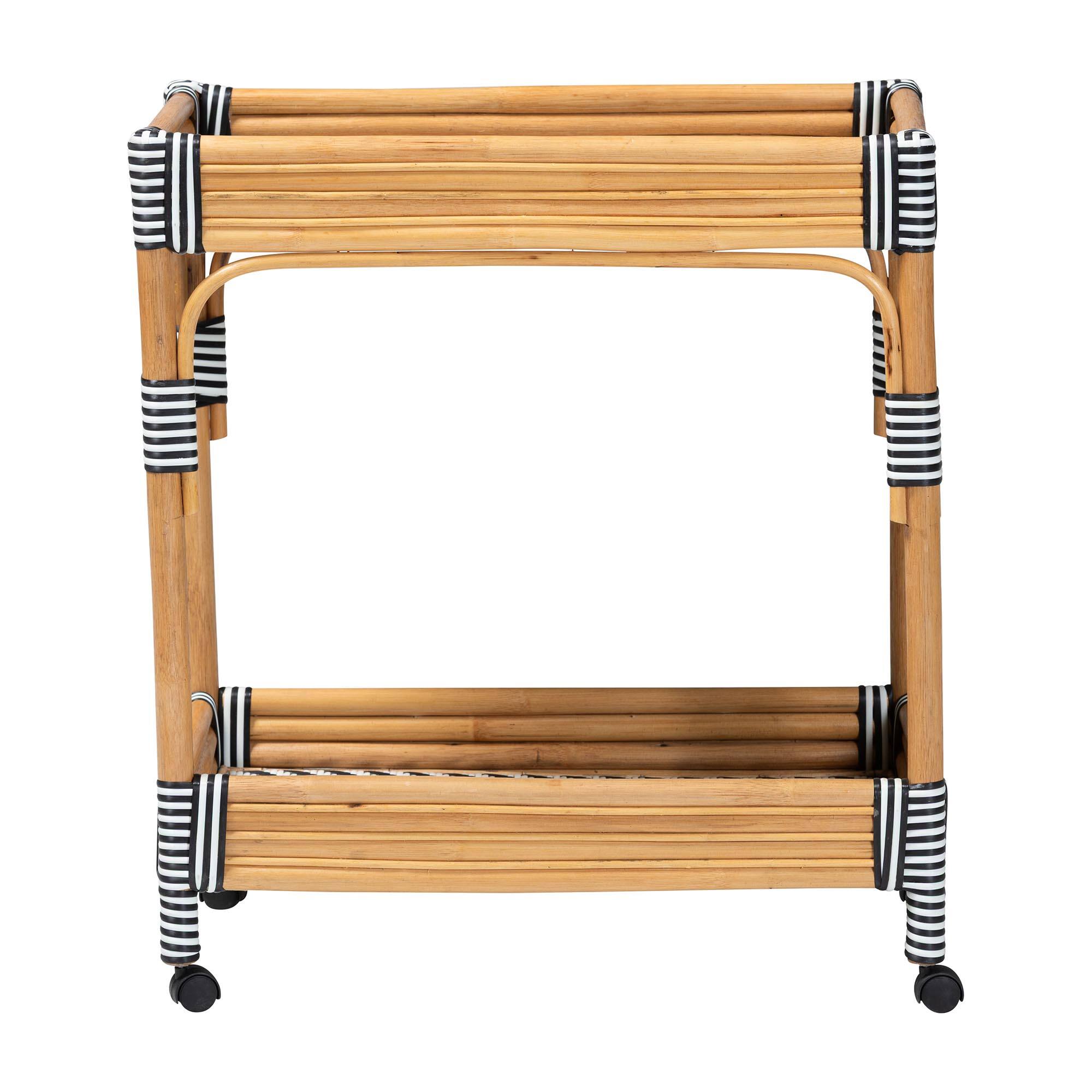 Angle. bali & pari - Carmine Natural Rattan Kitchen Cart - 2-Tier Handwoven Wicker Storage Trolley with Raised Borders for Kitchen or Lounge - Natural Rattan.
