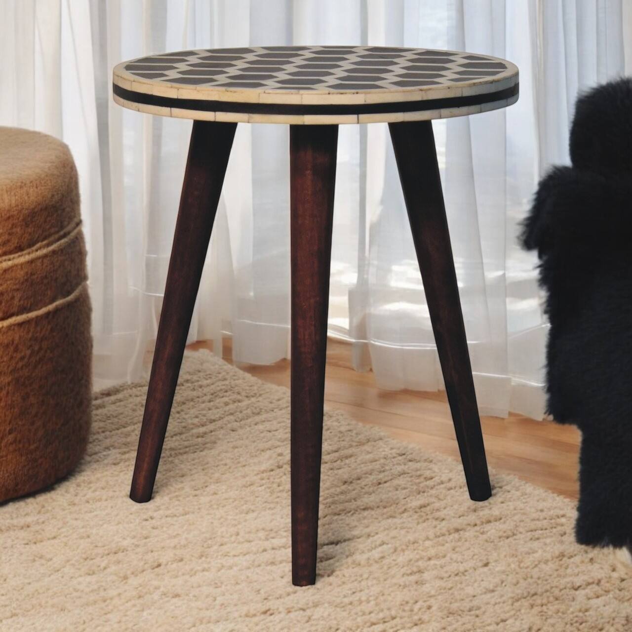 Alt View 2. Artisan Furniture - Artisan Furniture Solid Wood Bone Inlay Tripod Stool With Honey Caramel Finish - Brown.