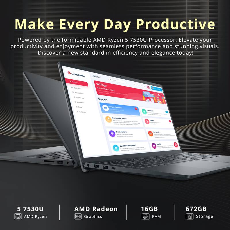 Make Every Day Productive

Powered by the formidable AMD Ryzen 5 7530U Processor. Elevate your productivity and enjoyment with seamless performance and stunning visuals. Discover a new standard in efficiency and elegance today!

- 5 7530U
- AMD Ryzen
- AMD Radeon Graphics
- 16GB RAM
- 672GB Storage