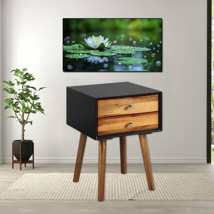 Front. Hivvago - Retro-Inspired Wood Side Table Featuring Two Functional Drawers - Black.