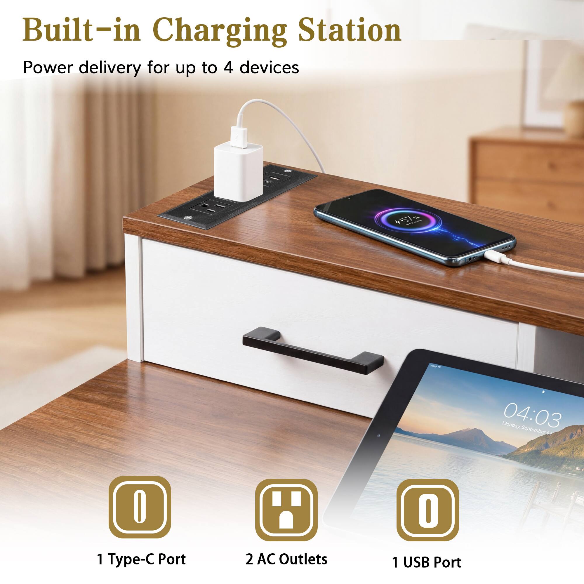 Built-in Charging Station  
Power delivery for up to 4 devices

1 Type-C Port  
2 AC Outlets  
1 USB Port