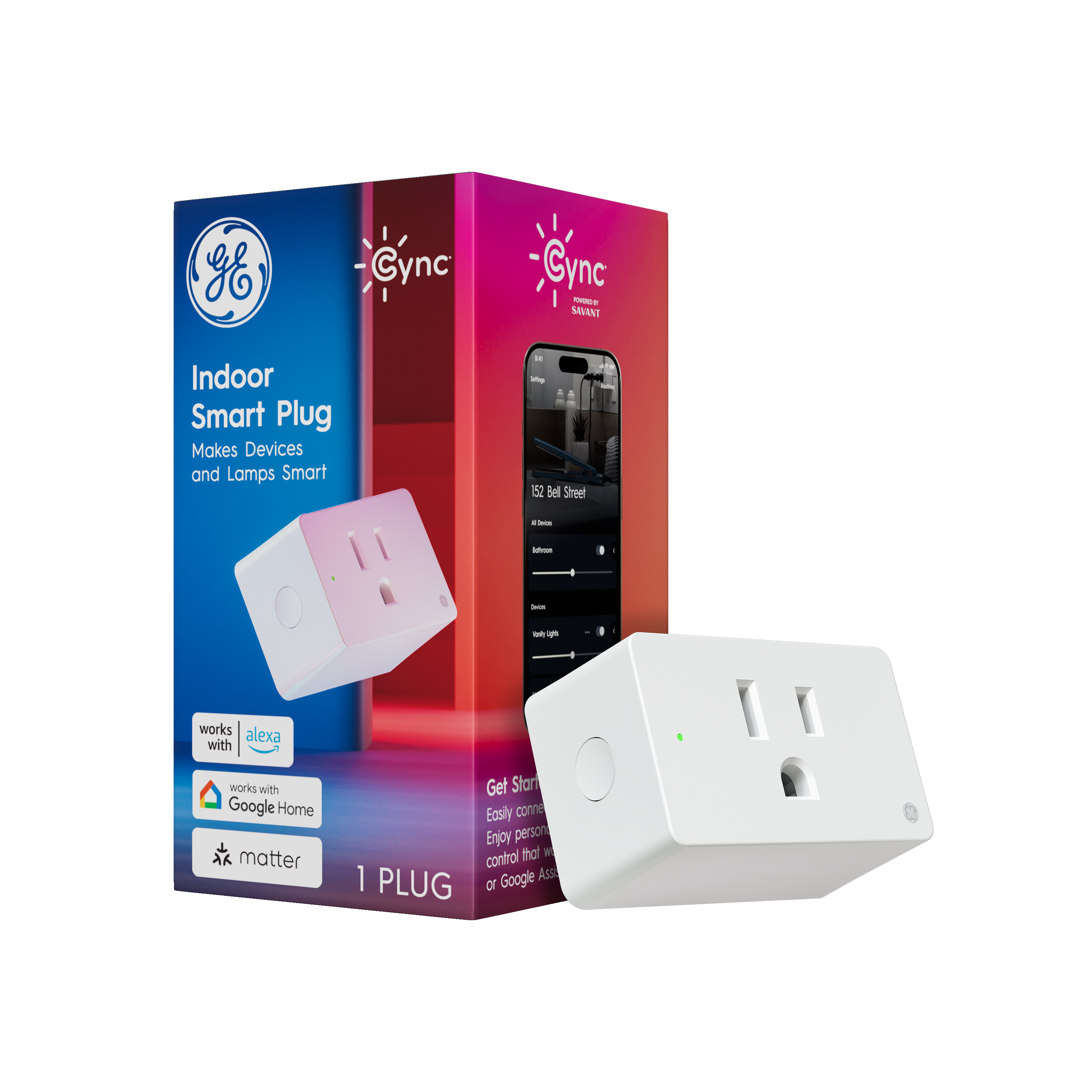 The text on the image reads: "GE Cync Indoor Smart Plug Makes Devices and Lamps Smart - 152 Bel Street - Works with Alexa and Google Home - Get Smart Easy Control - Enjoy Person-to-Person Control."