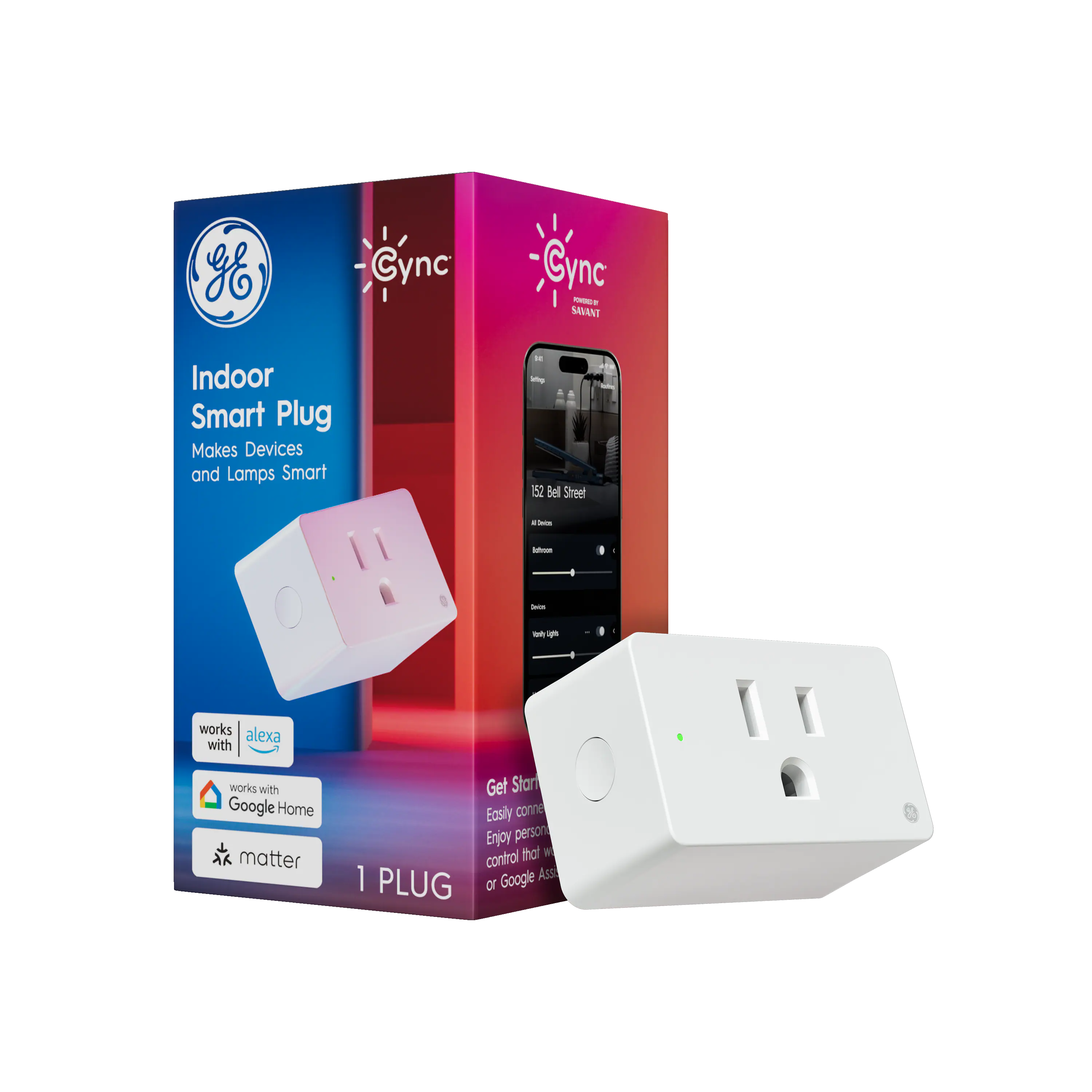 The text on the image reads: "GE Cync Indoor Smart Plug Makes Devices and Lamps Smart - 152 Bel Street - Works with Alexa and Google Home - Get Smart Easy Control - Enjoy Person-to-Person Control."