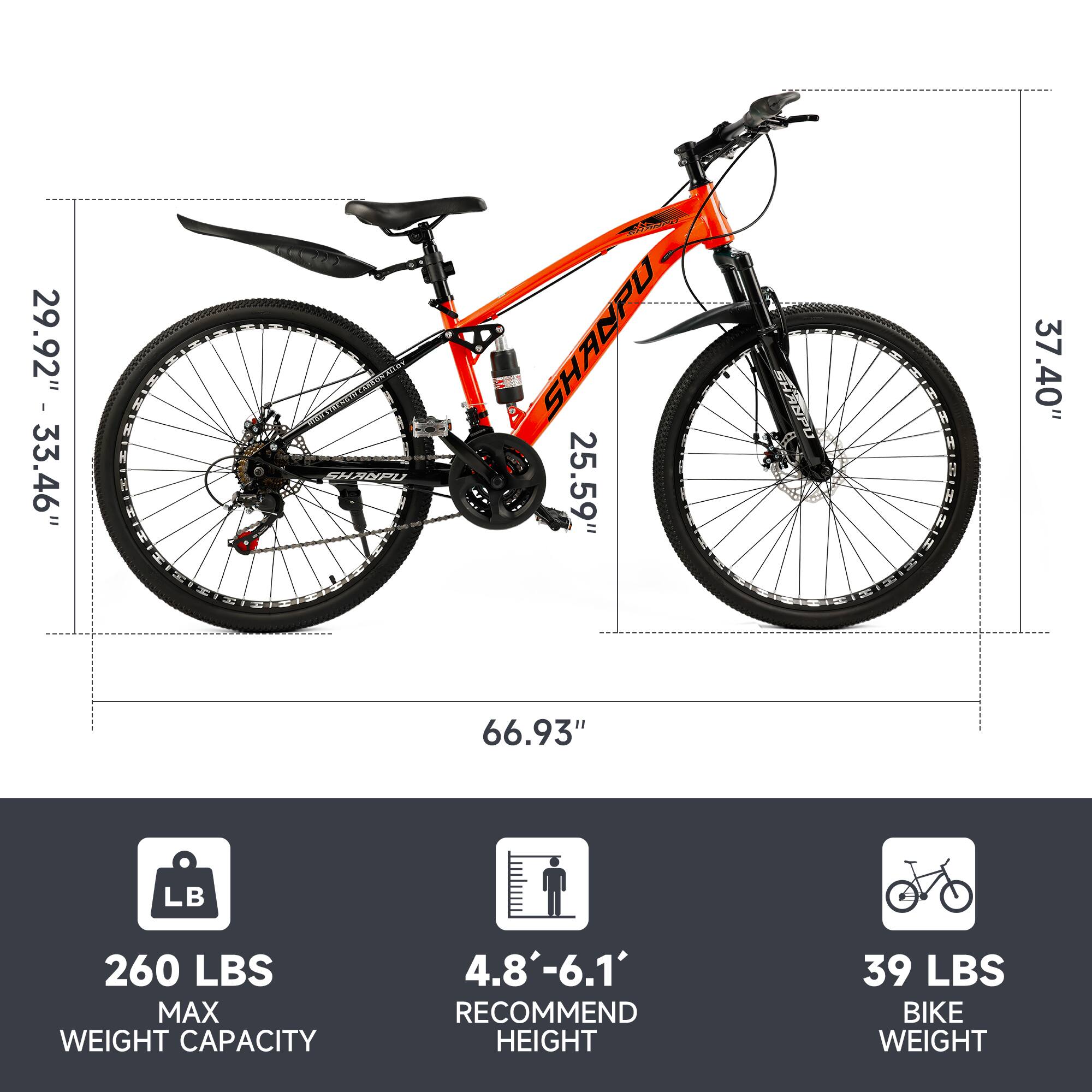 - **Seat Height (SH):** 29.92" - 33.46"
- **Seat Height (SH):** 25.59"
- **Frame Size:** 37" - 40"
- **Wheel Size:** 37.40"
- **Length:** 66.93"
- **Max Weight Capacity:** 260 LBS
- **Recommended Height:** 4.8' - 6.1'
- **Bike Weight:** 39 LBS