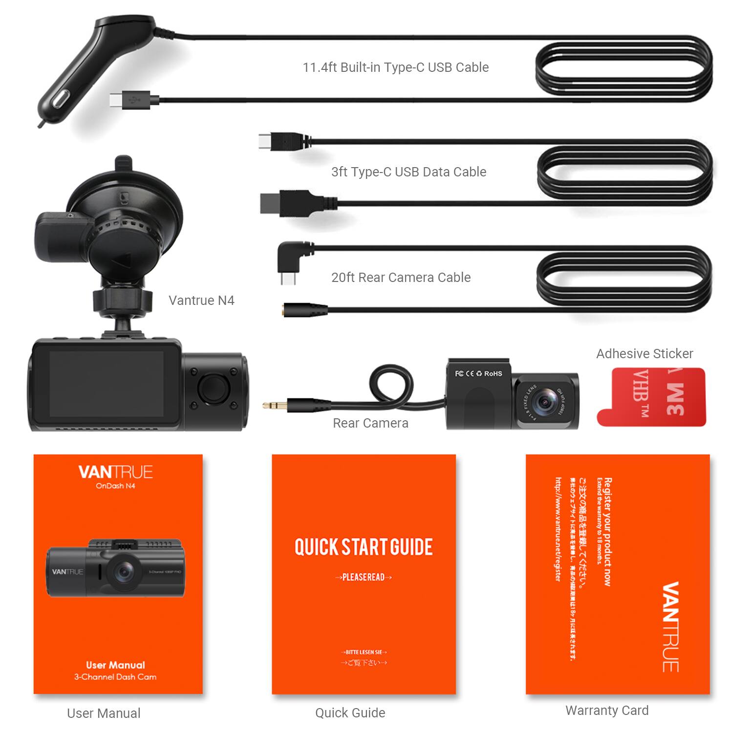 Vantrue N4 4K+2K+1080P 3 CH Dash Cam, Front Cabin and Rear, All