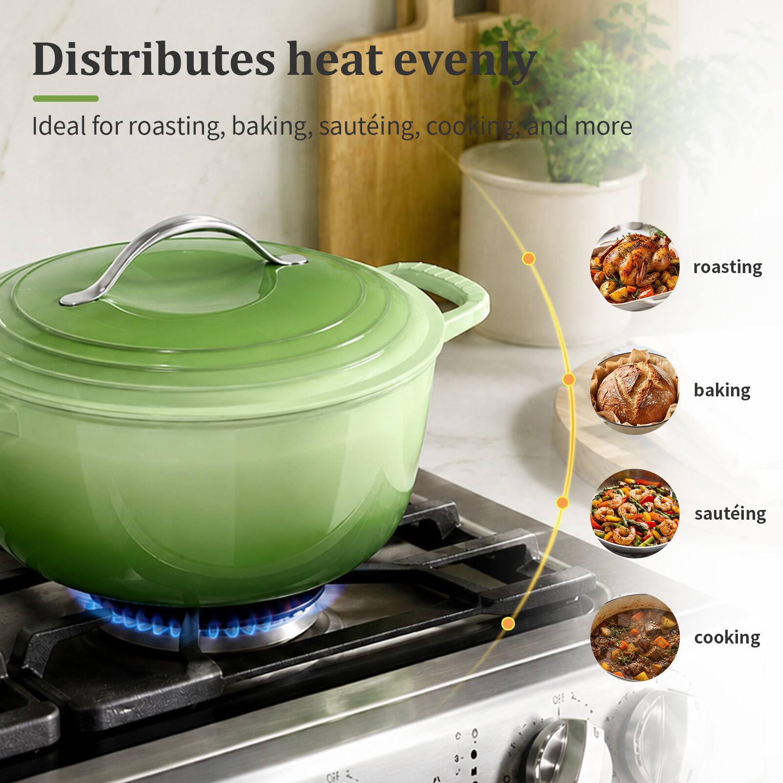 Distributes heat evenly  
Ideal for roasting, baking, sautéing, cooking, and more

roasting  
baking  
sautéing  
cooking