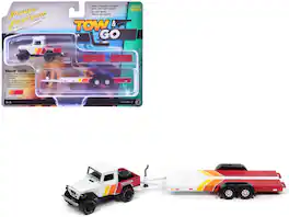 Johnny Lightning - 1980 Toyota Land Cruiser Pickup White Red Stripes with Open Car Trailer Limited Edition Tow & Go Series 1/64 - White and Red