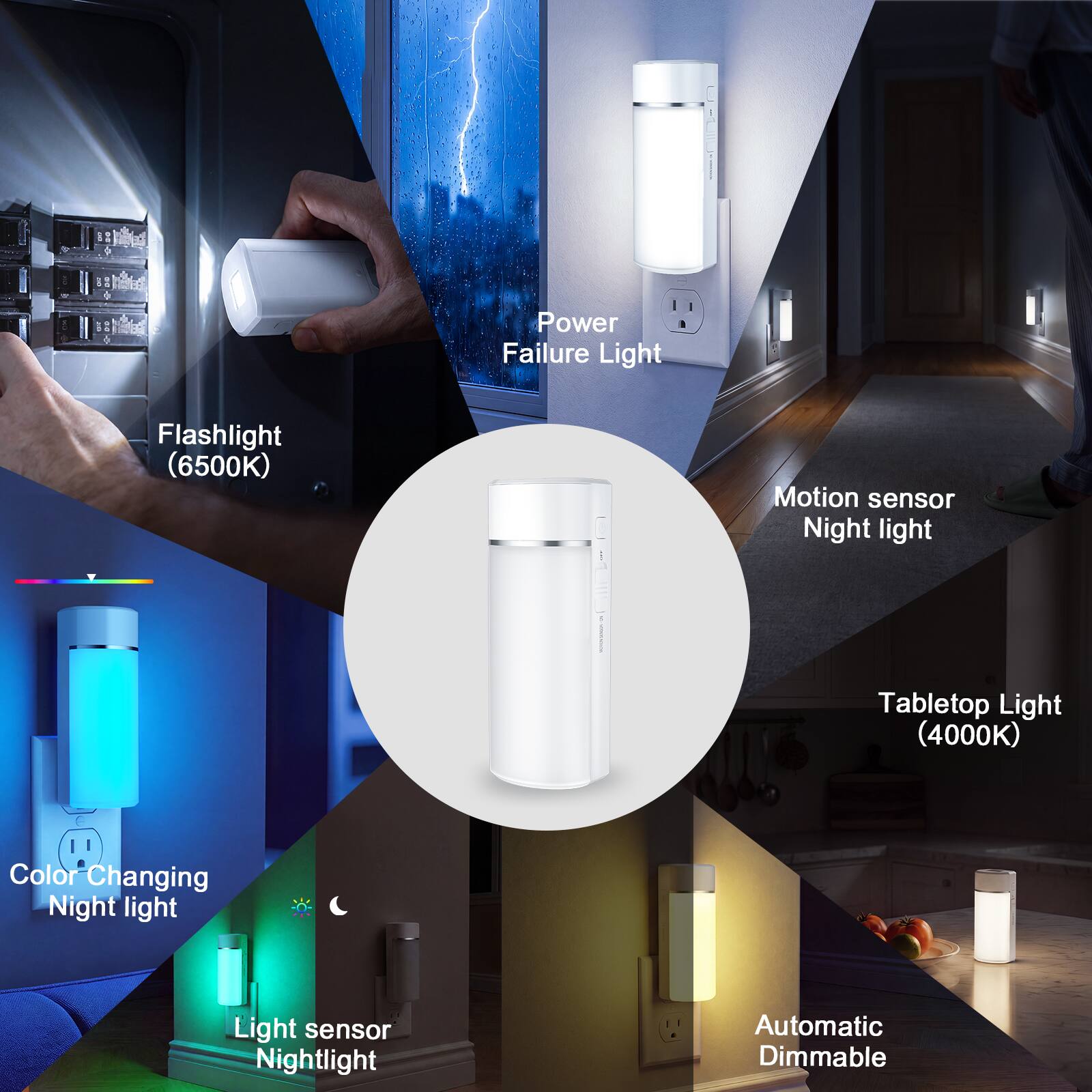 CKJ

Power Failure Light

Flashlight (6500K)

Motion sensor Night light

Tabletop Light (4000K)

Color Changing Night light

Light sensor Nightlight

Automatic Dimmable