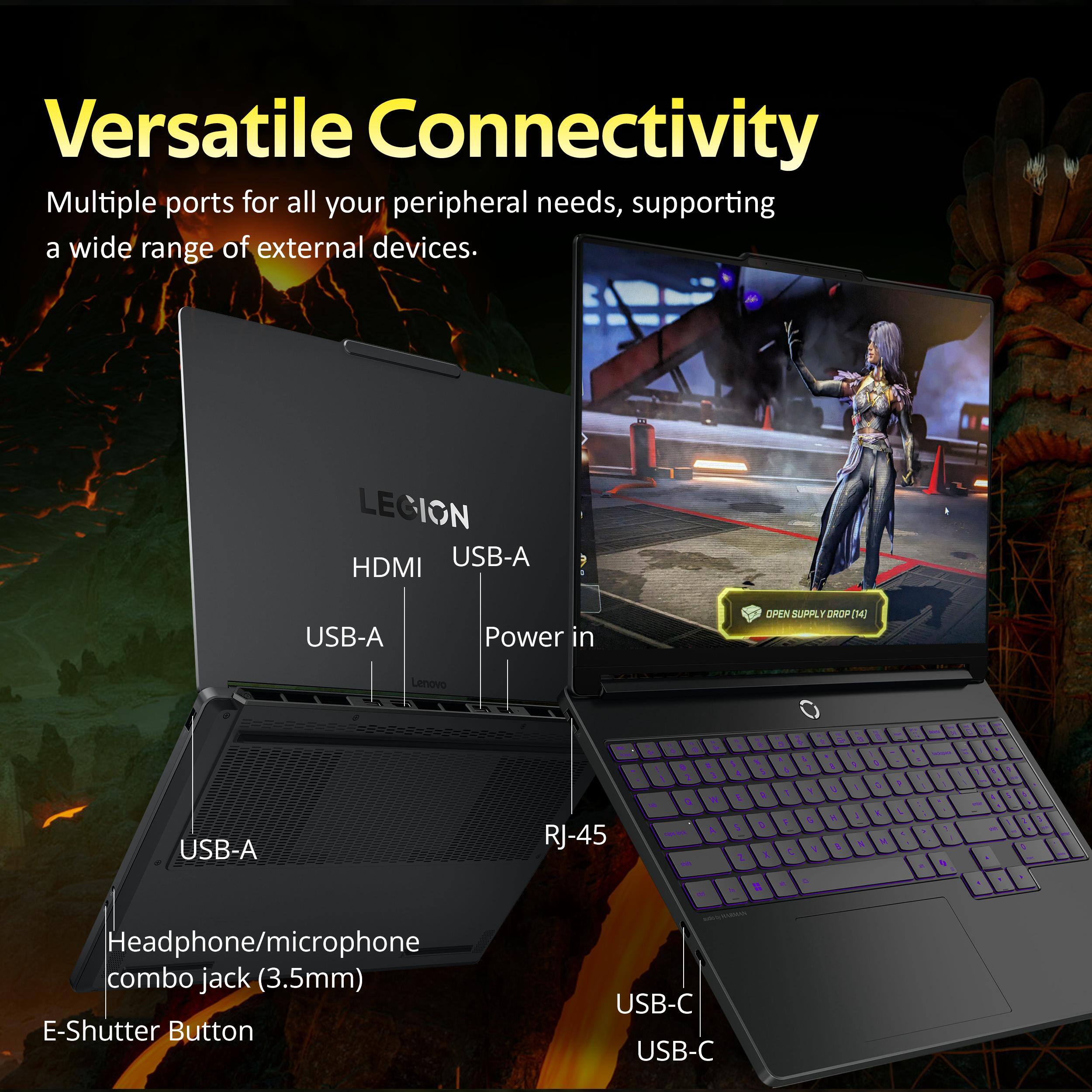Versatile Connectivity  
Multiple ports for all your peripheral needs, supporting a wide range of external devices.

- HDMI
- USB-A
- USB-A
- Power in
- USB-A
- RJ-45
- Headphone/microphone combo jack (3.5mm)
- E-Shutter Button
- USB-C
- USB-C