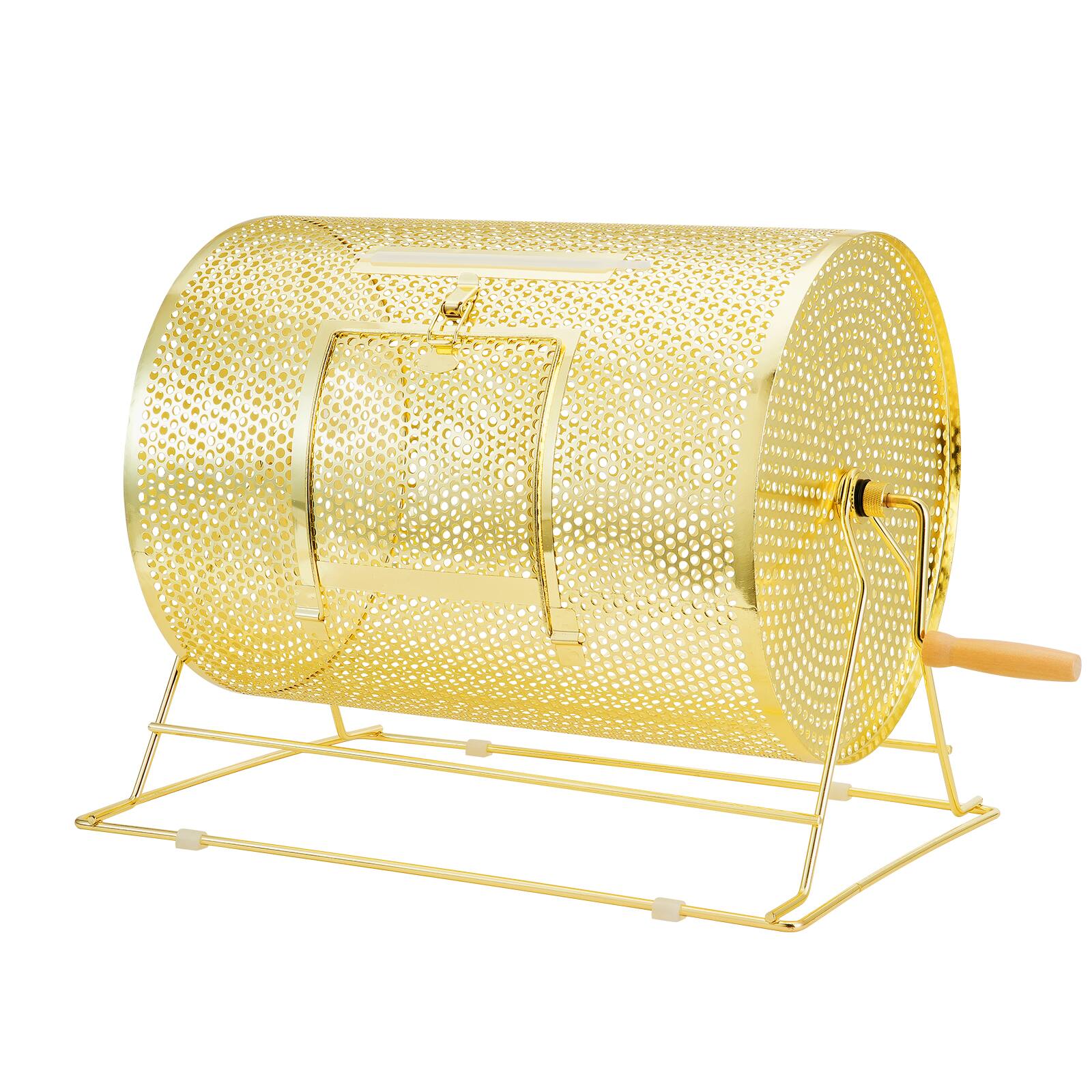 Alt View 5. VEVOR - Raffle Drum, Holds 5000 Tickets or 200 Ping Pong Balls, Metal Lottery Spinning Drawing with Wooden Turning Handle - Gold.