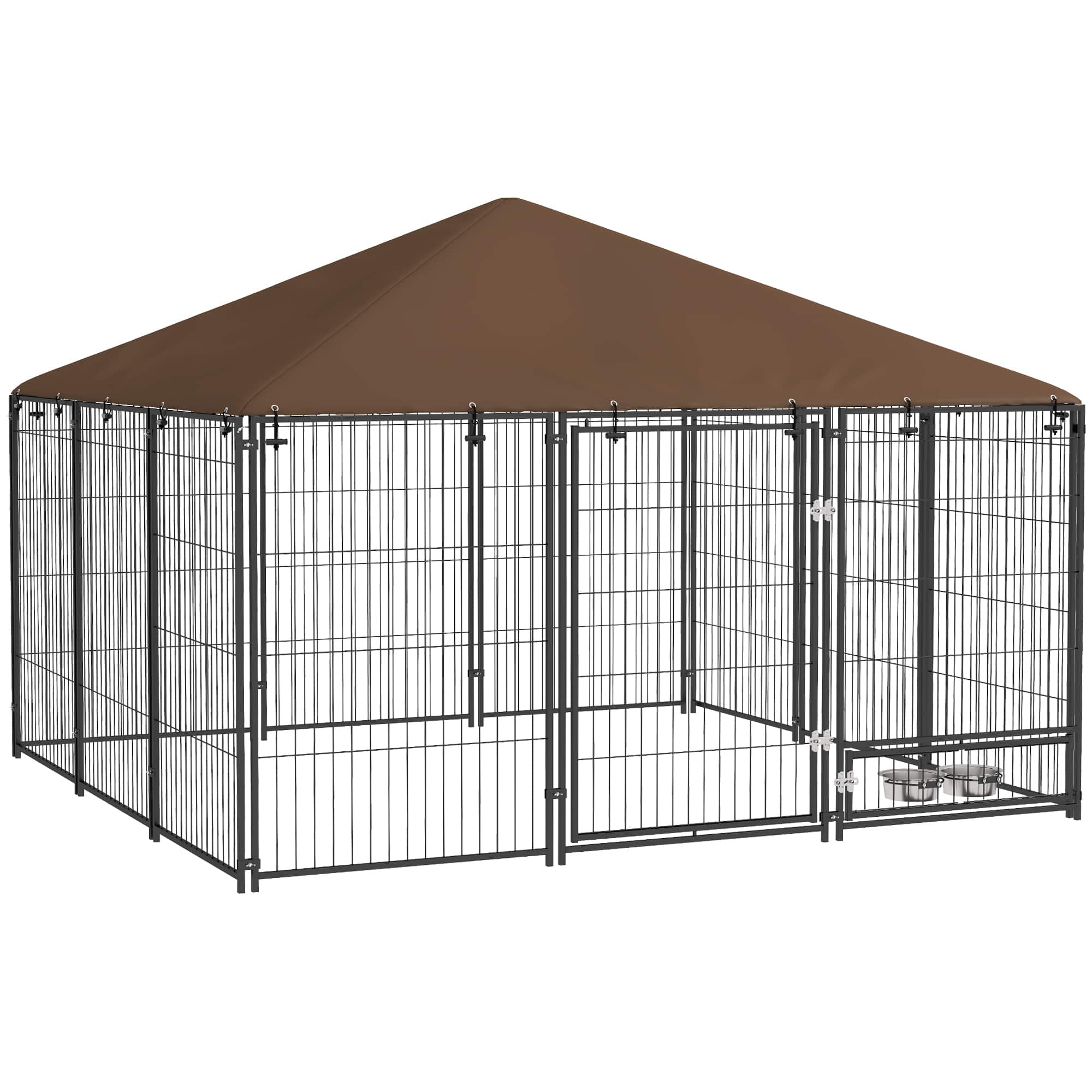 Siljoy - Outdoor Dog Kennel with Canopy, 83" Playpen with Rotating Bowl & Covered Roof for Large Dogs