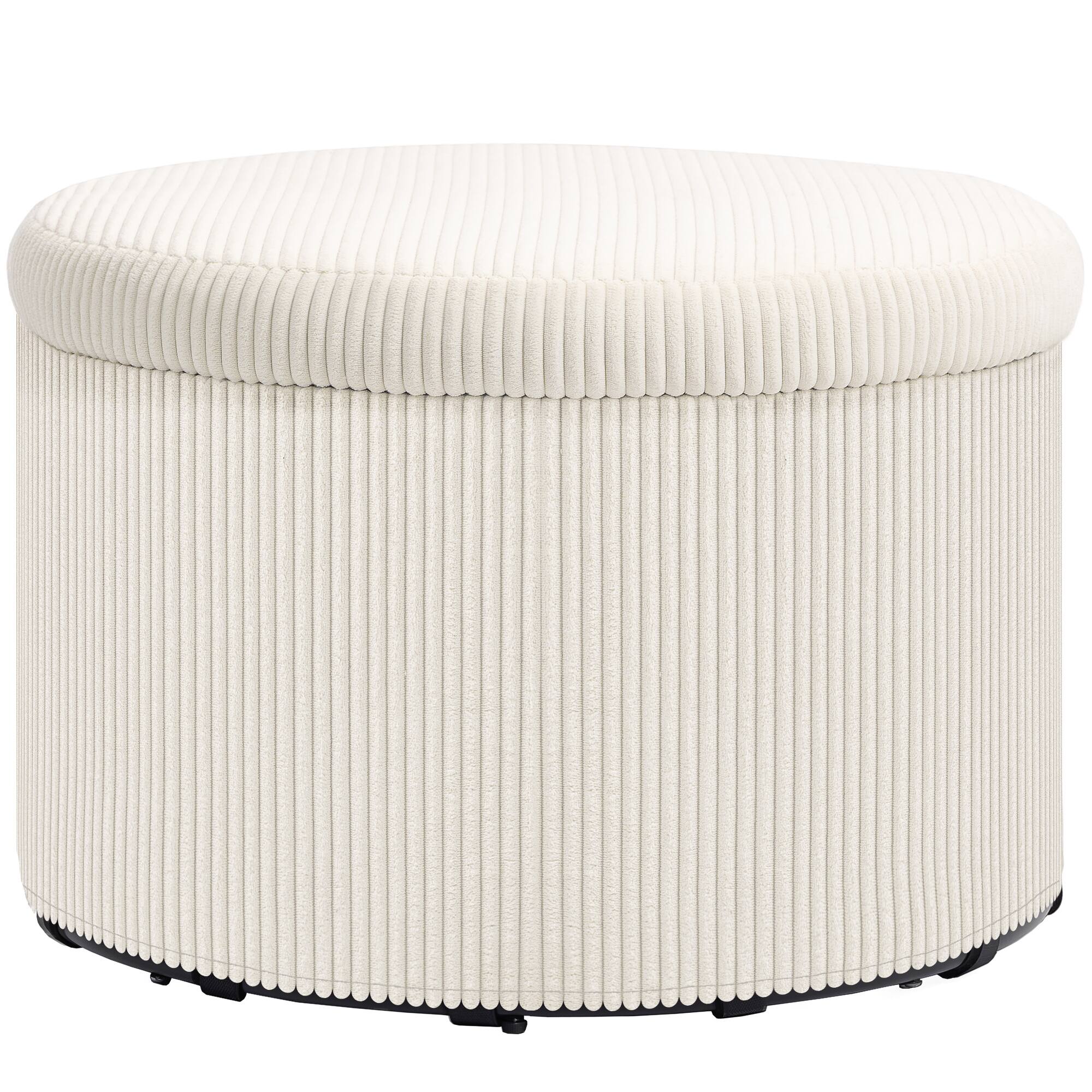 Homcom - Storage Ottoman with Lid, 24 In Round Pouf Ottoman with Storage, Upholstered Corduroy Foot Rest Stool for Living Room - Beige