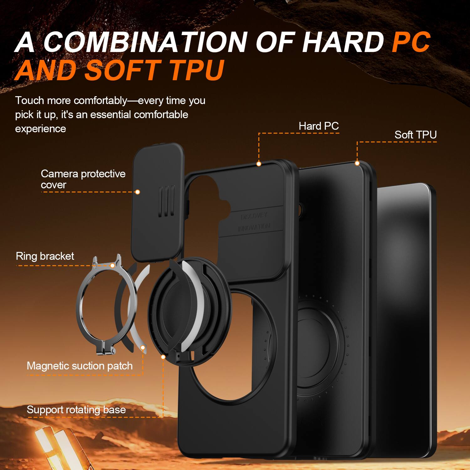 A COMBINATION OF HARD PC AND SOFT TPU

Touch more comfortably—every time you pick it up, it's an essential comfortable experience

Camera protective cover
Ring bracket
Magnetic suction patch
Support rotating base

Hard PC
Soft TPU