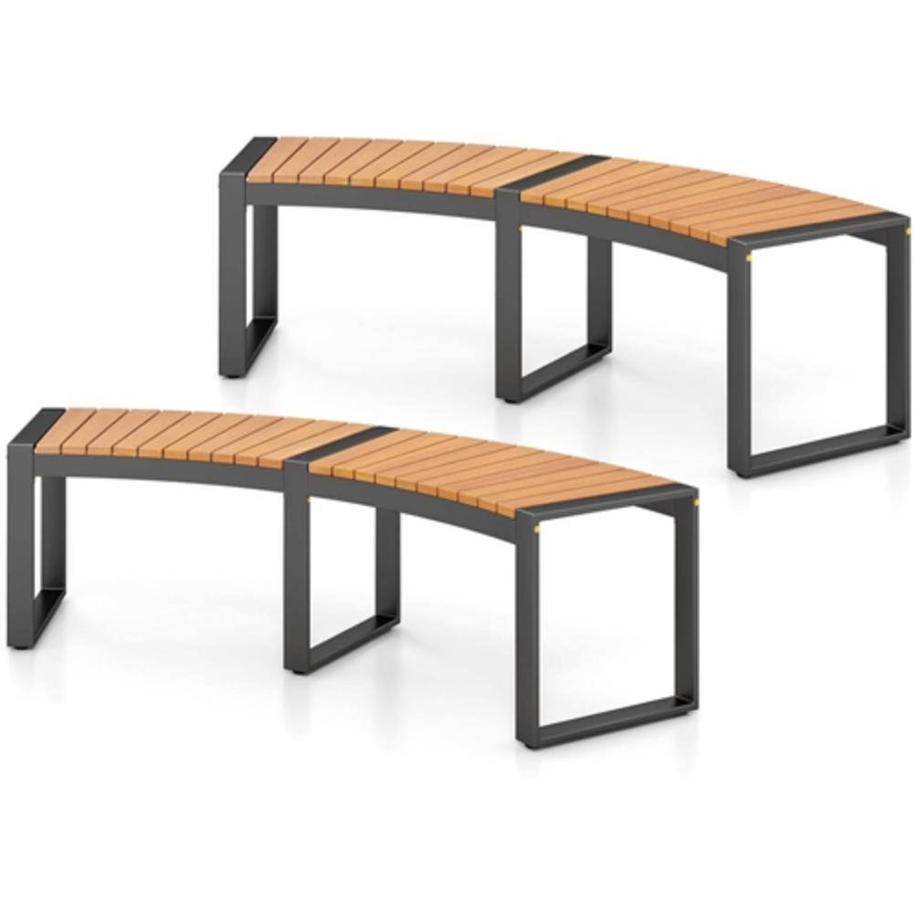 Front. Hivvago - Set of 2 - Outdoor Metal Wood Backless Garden Bench with Modern Curved Design - Natural, Black.