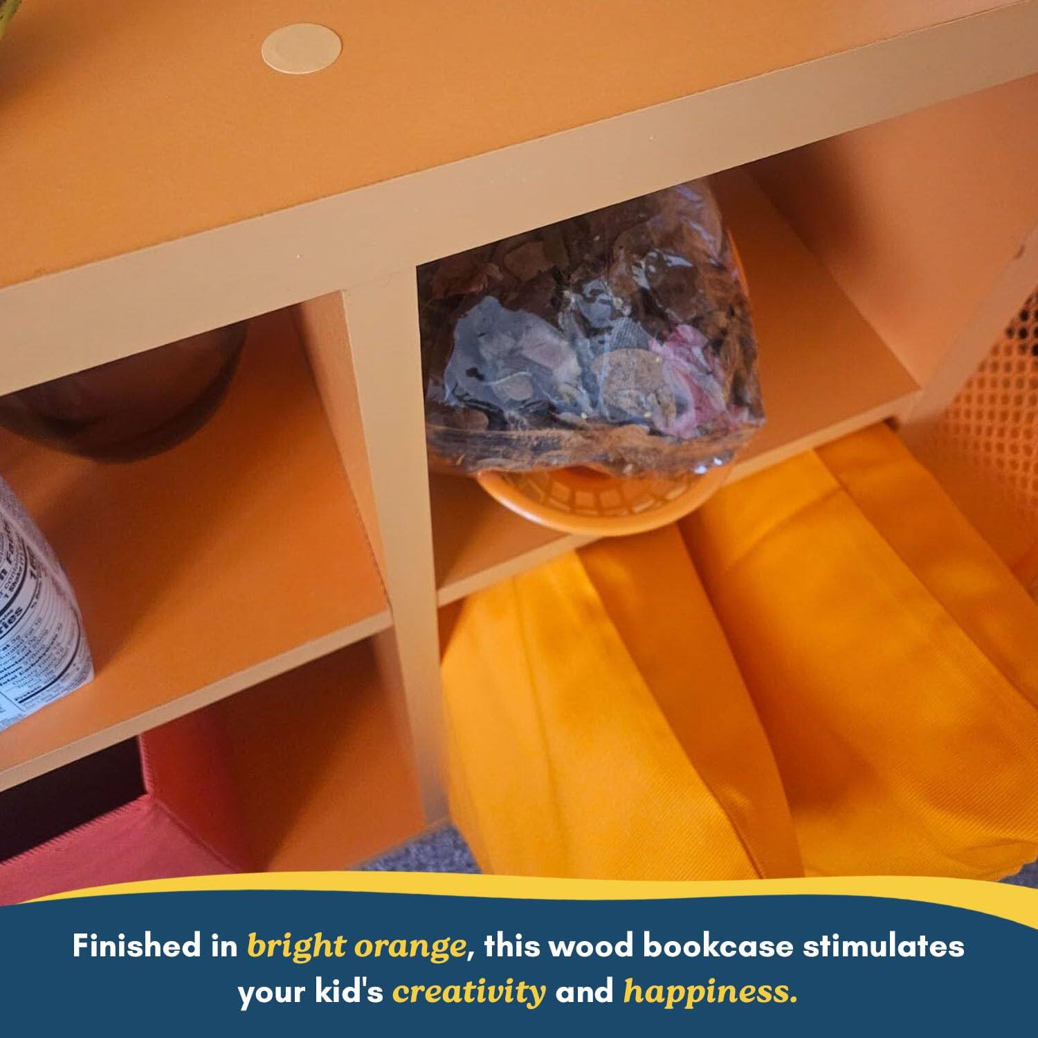Finished in bright orange, this wood bookcase stimulates your kid's creativity and happiness.