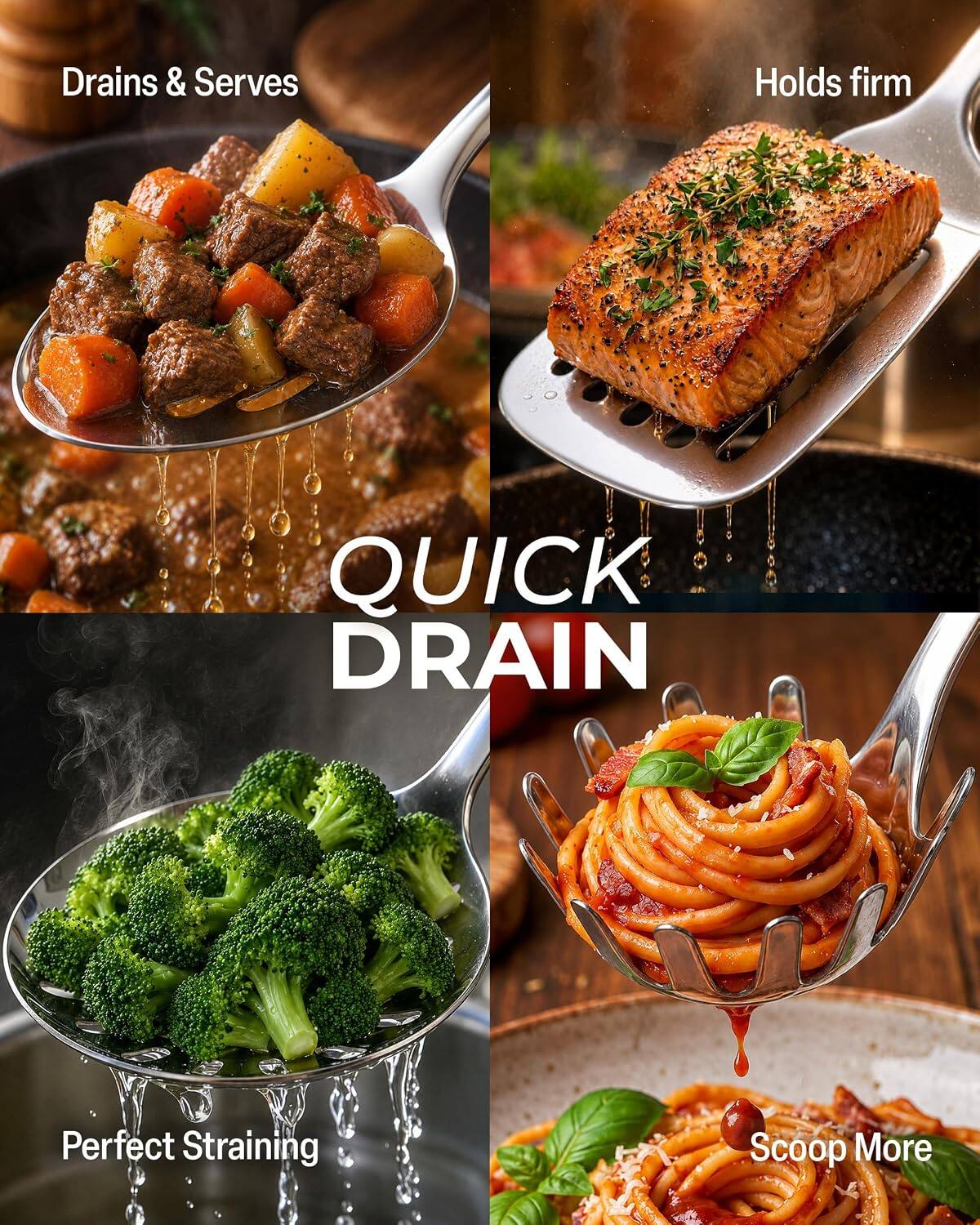 Drains & Serves  
Holds firm  
QUICK DRAIN  
Perfect Straining  
Scoop More