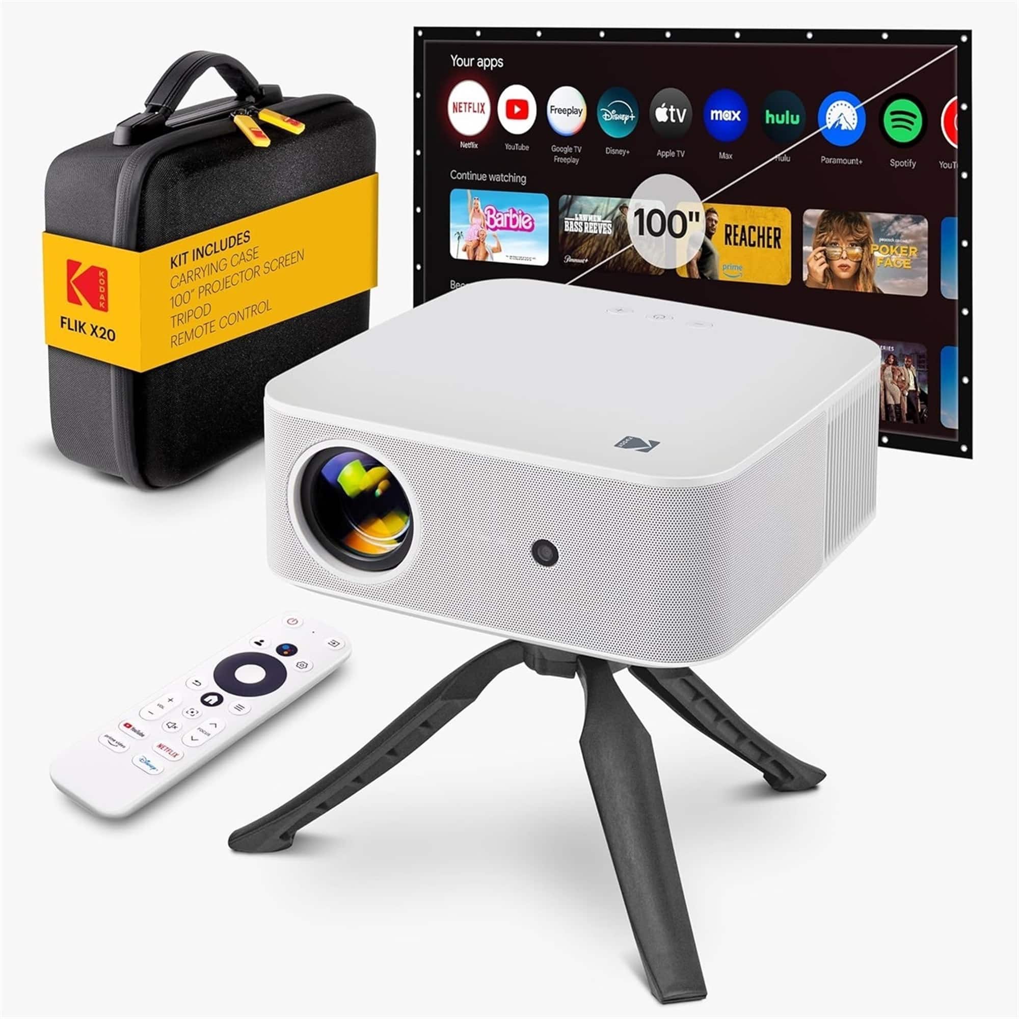 Kodak - FLIK X20 Full HD Smart Projector Kit with 100" Screen, Tripod, Remote, Wi-Fi, EVA Case - White