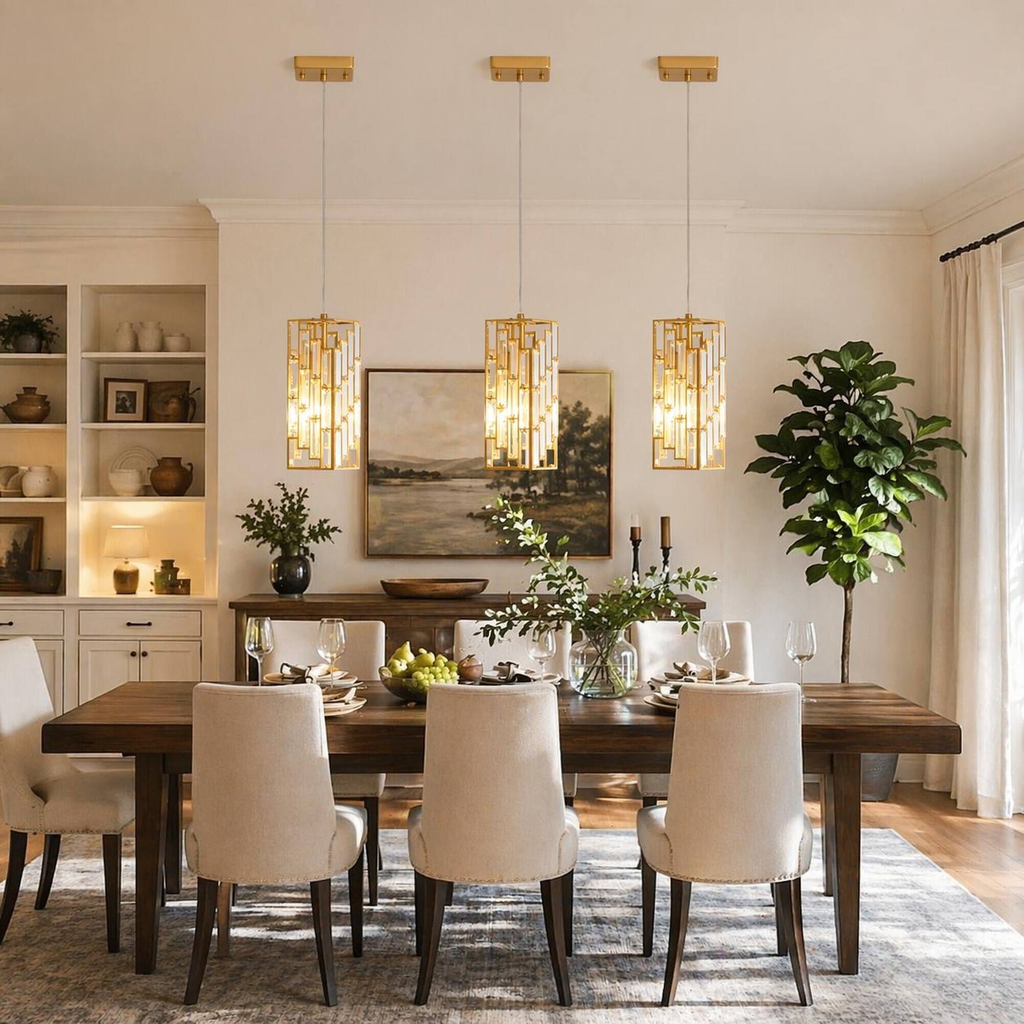 Alt View 2. RYHNUYNE - Set of 3 Golden Crystal Pendant Lights with Adjustable Hanging Cords, Prism Glass Shades for Dining Room, Kitchen Island.