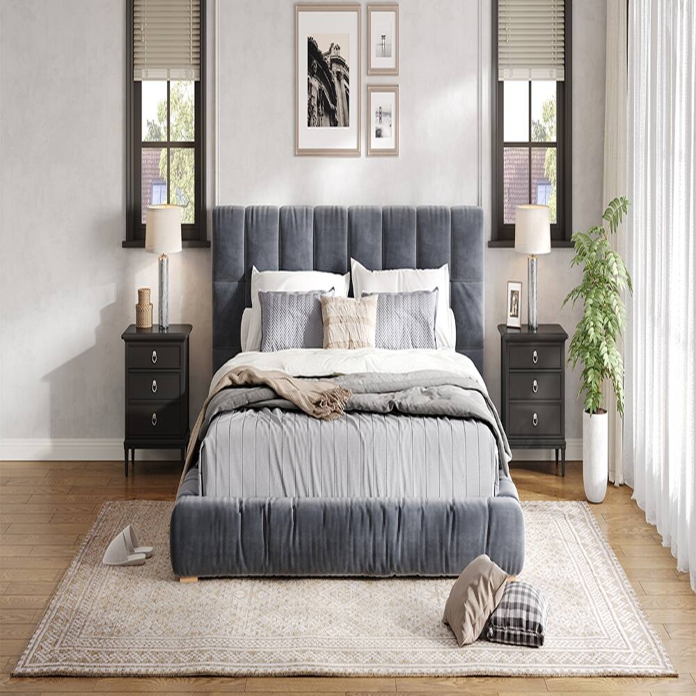 Alt View 3. Loheer - Loheer King Size Upholstered Velvet Platform Bed Frame Gray Low Profile - Gray.