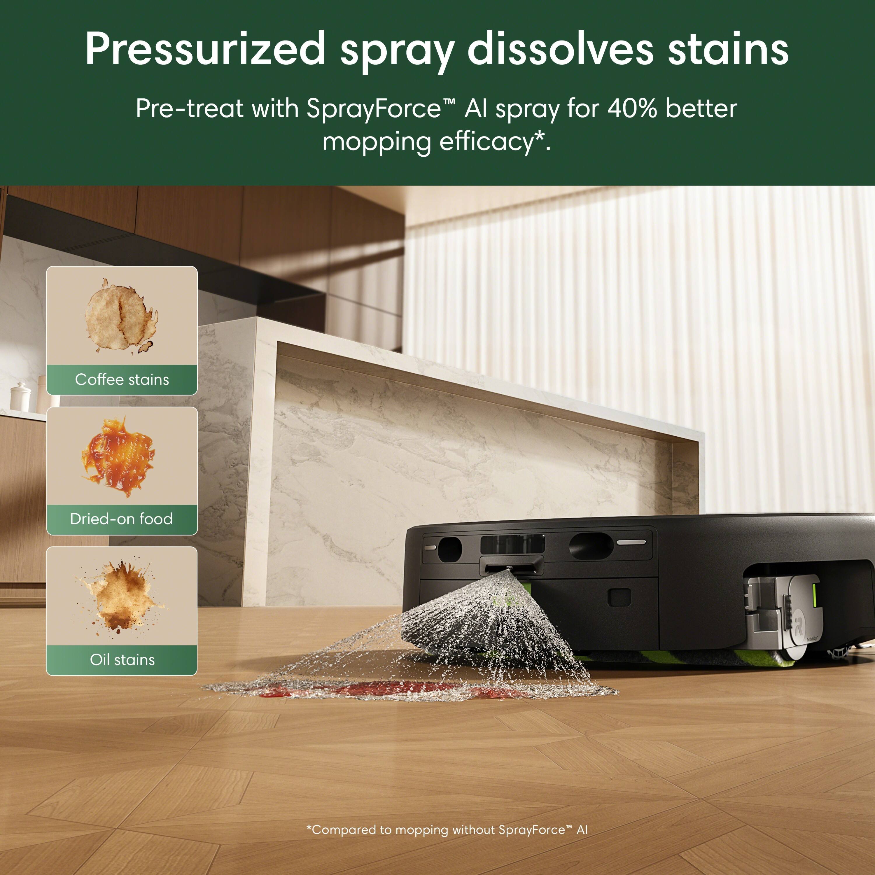Pressurized spray dissolves stains  
Pre-treat with SprayForce™ AI spray for 40% better mopping efficacy*.  

Coffee stains  
Dried-on food  
Oil stains  

*Compared to mopping without SprayForce™ AI