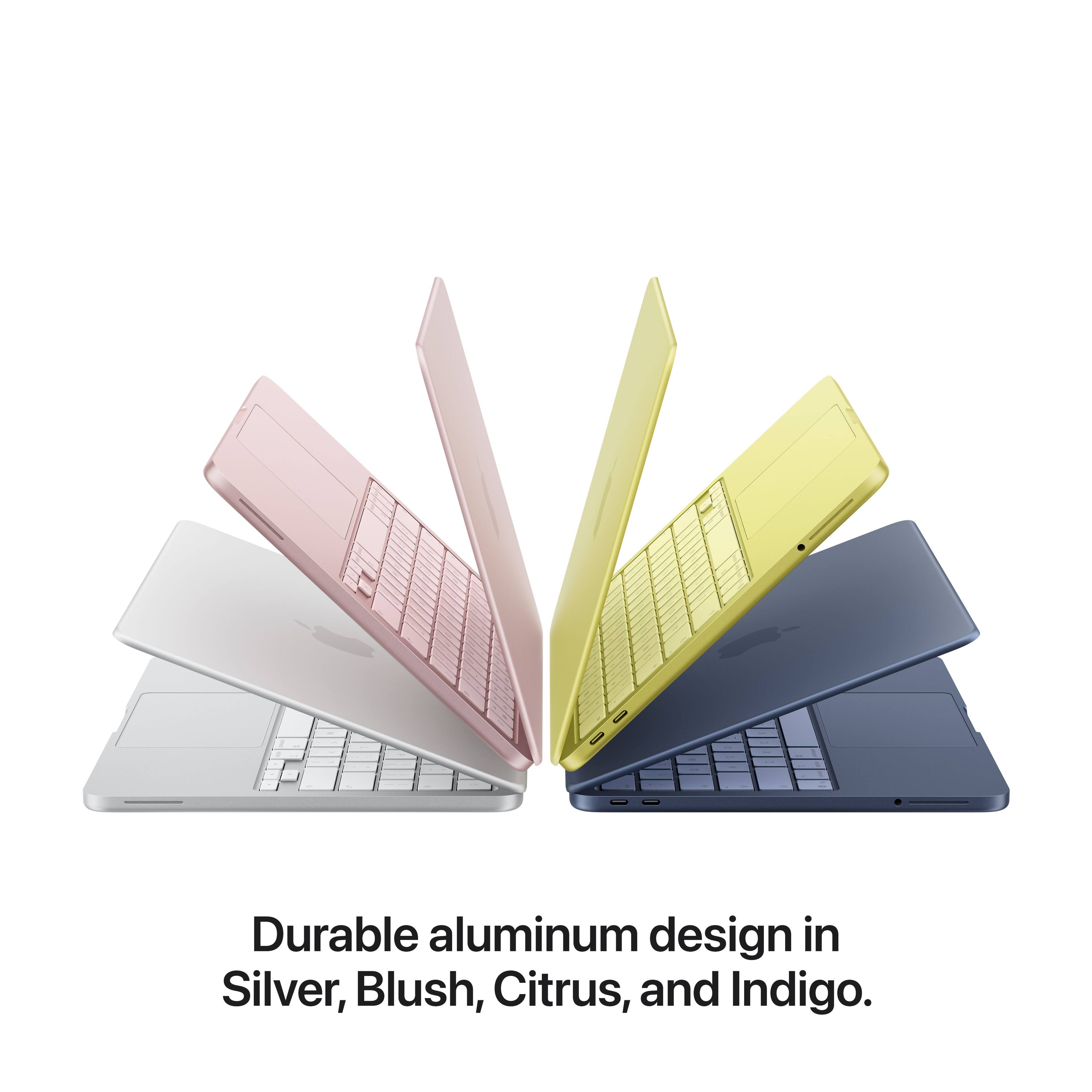 Durable aluminum design in Silver, Blush, Citrus, and Indigo.