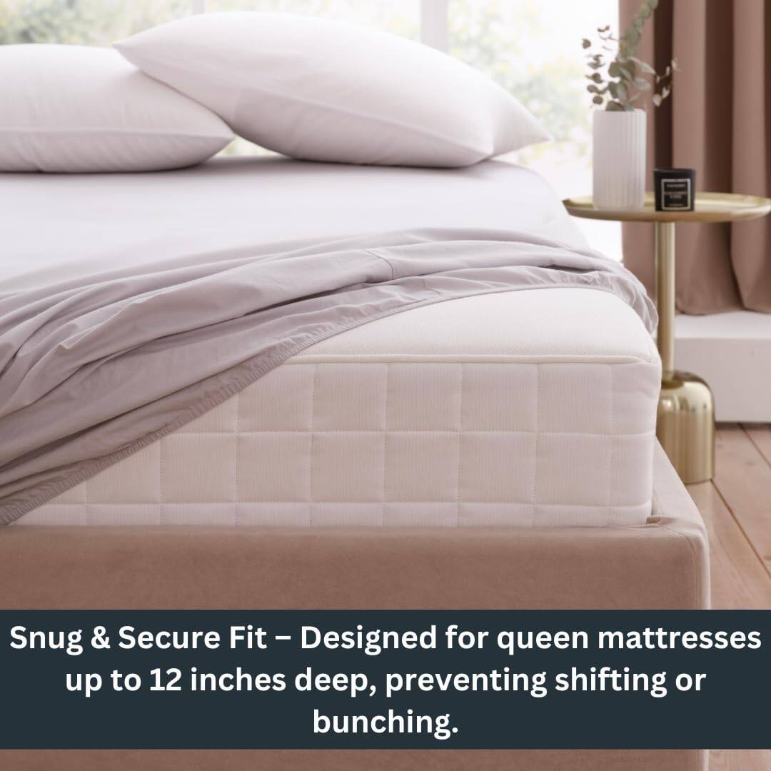 Snug & Secure Fit – Designed for queen mattresses up to 12 inches deep, preventing shifting or bunching.
