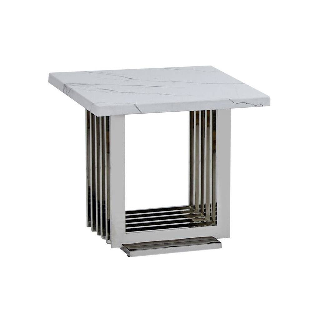 Best Quality Furniture - marble top end table with a silver color stainless steel base - White