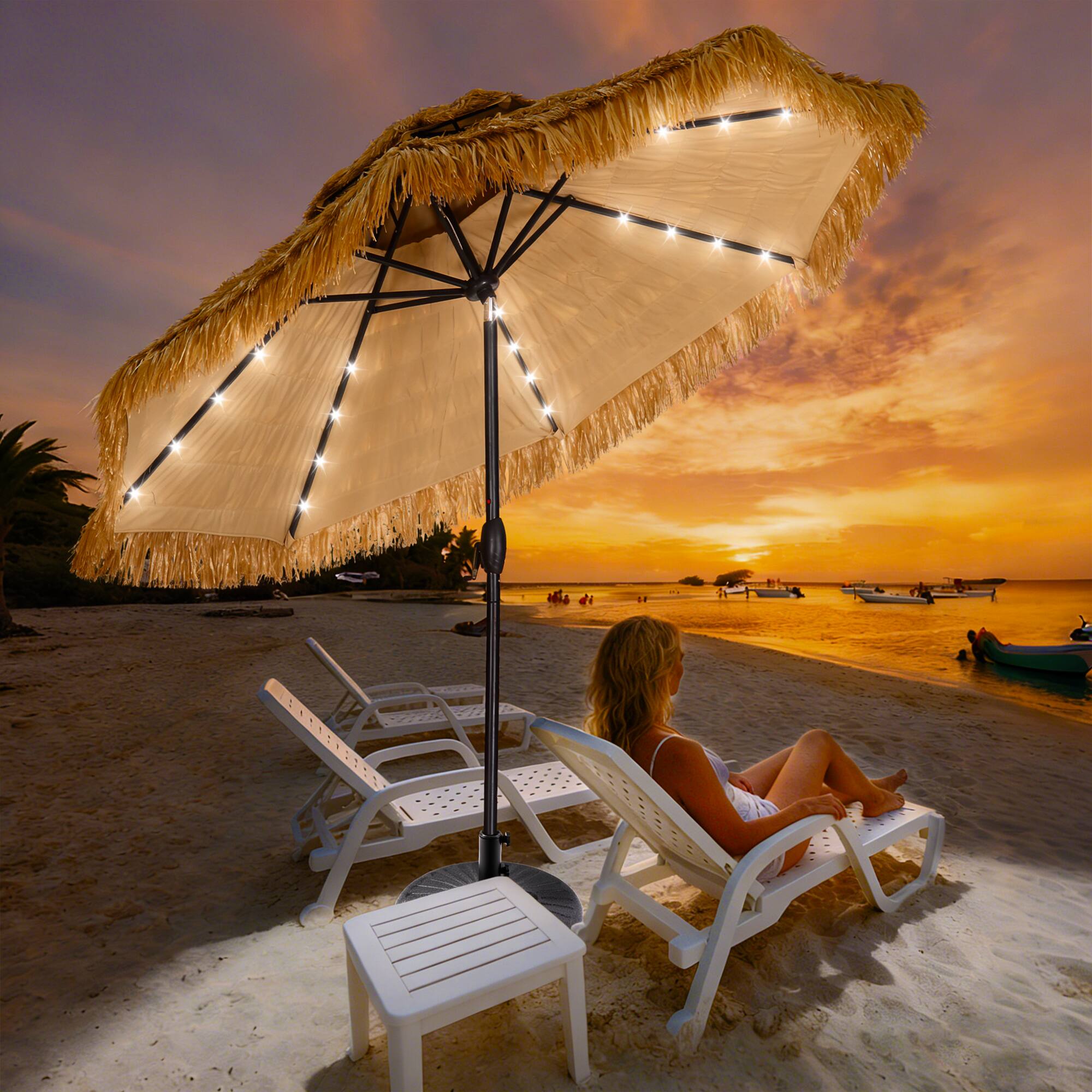 Angle. Ainfox - Ainfox 9FT Tiki Umbrella, Thatched  Hawaiian Style Beach Umbrella, Patio Umbrella for Outdoor with 32 LED Lights - Nature.