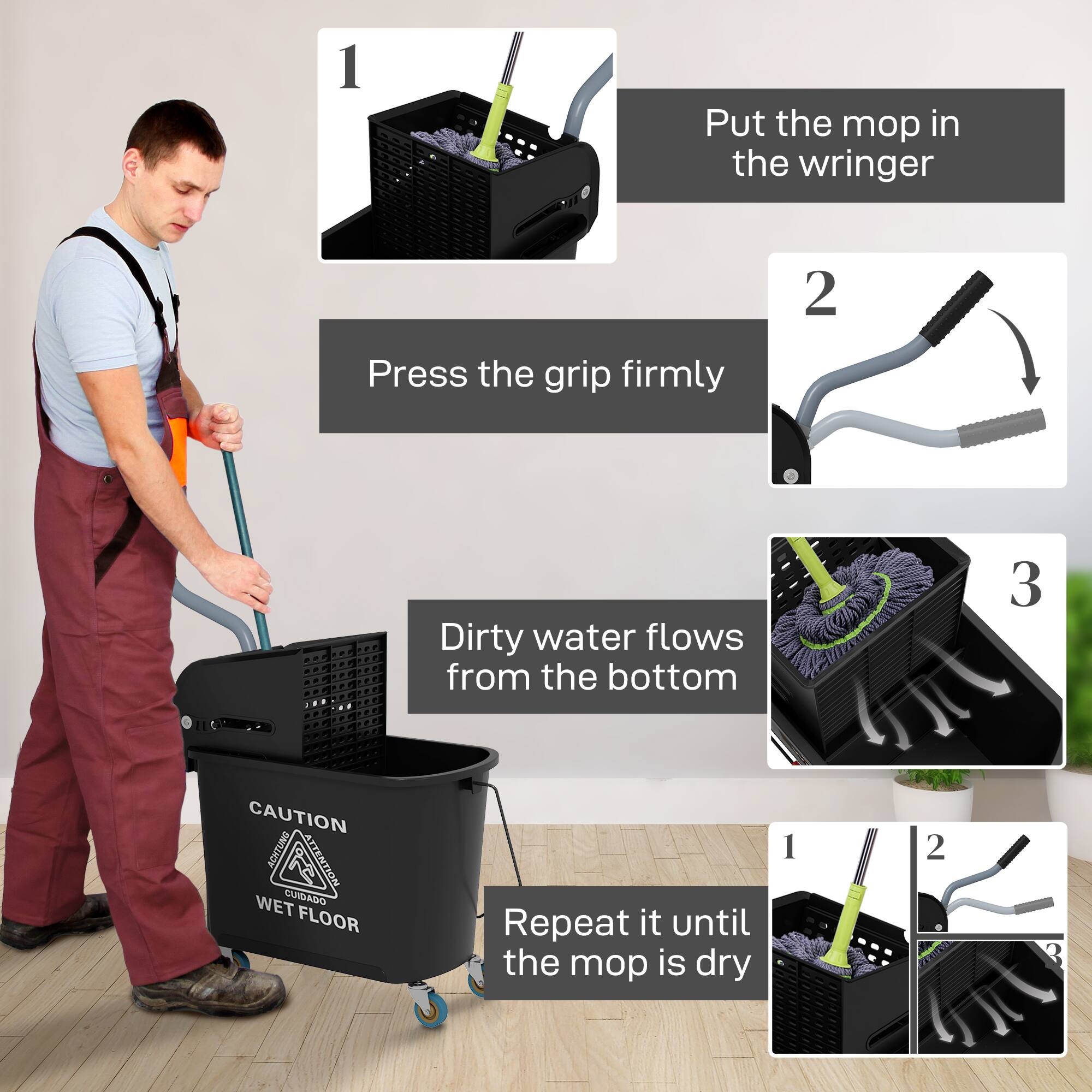 1. Put the mop in the wringer

2. Press the grip firmly

3. Dirty water flows from the bottom

Repeat it until the mop is dry

CAUTION ACHTUNG ATTENTION CUIDADO WET FLOOR