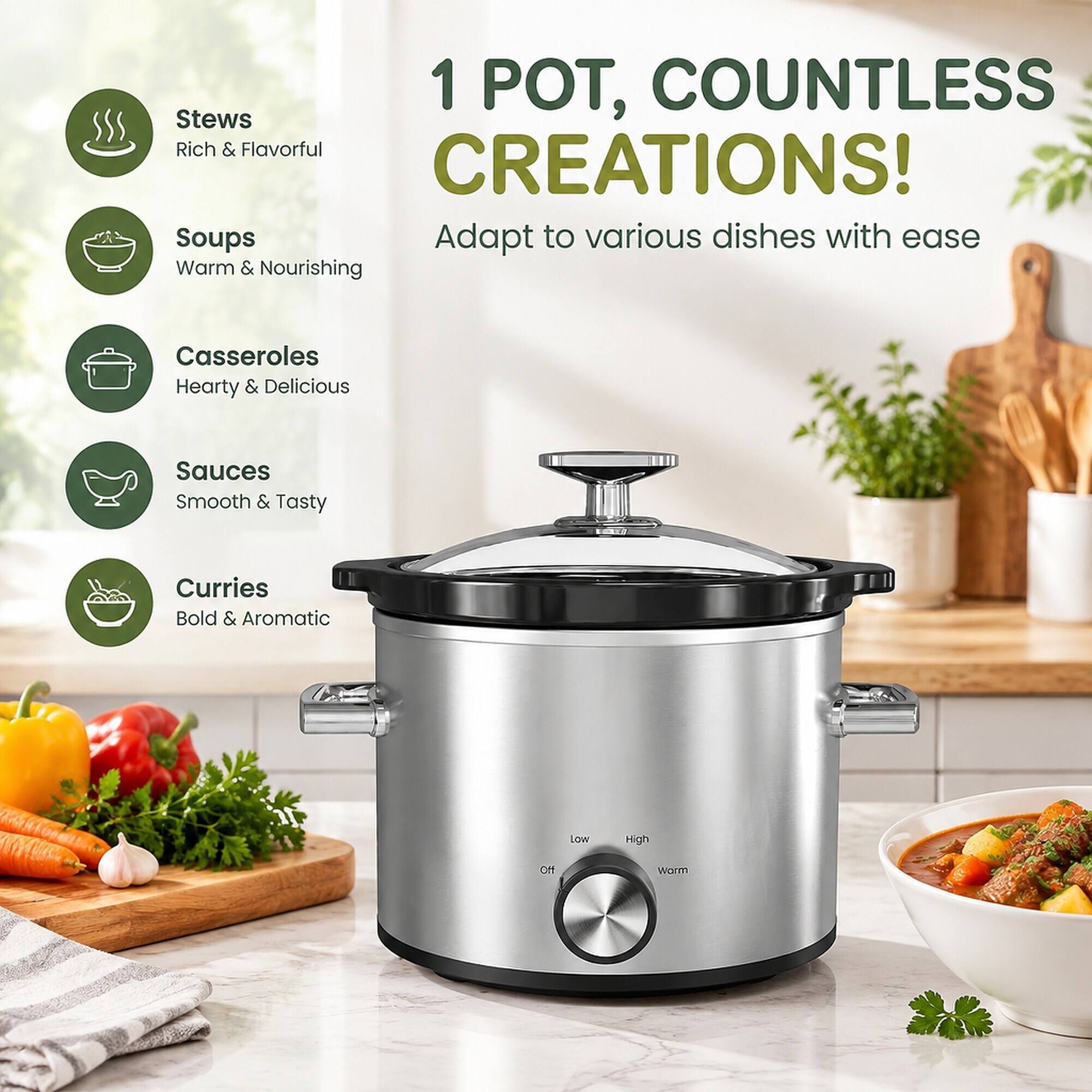 1 POT, COUNTLESS CREATIONS!  
Adapt to various dishes with ease  

Stews  
Rich & Flavorful  

Soups  
Warm & Nourishing  

Casseroles  
Hearty & Delicious  

Sauces  
Smooth & Tasty  

Curries  
Bold & Aromatic  

Low  
High  
Off  
Warm