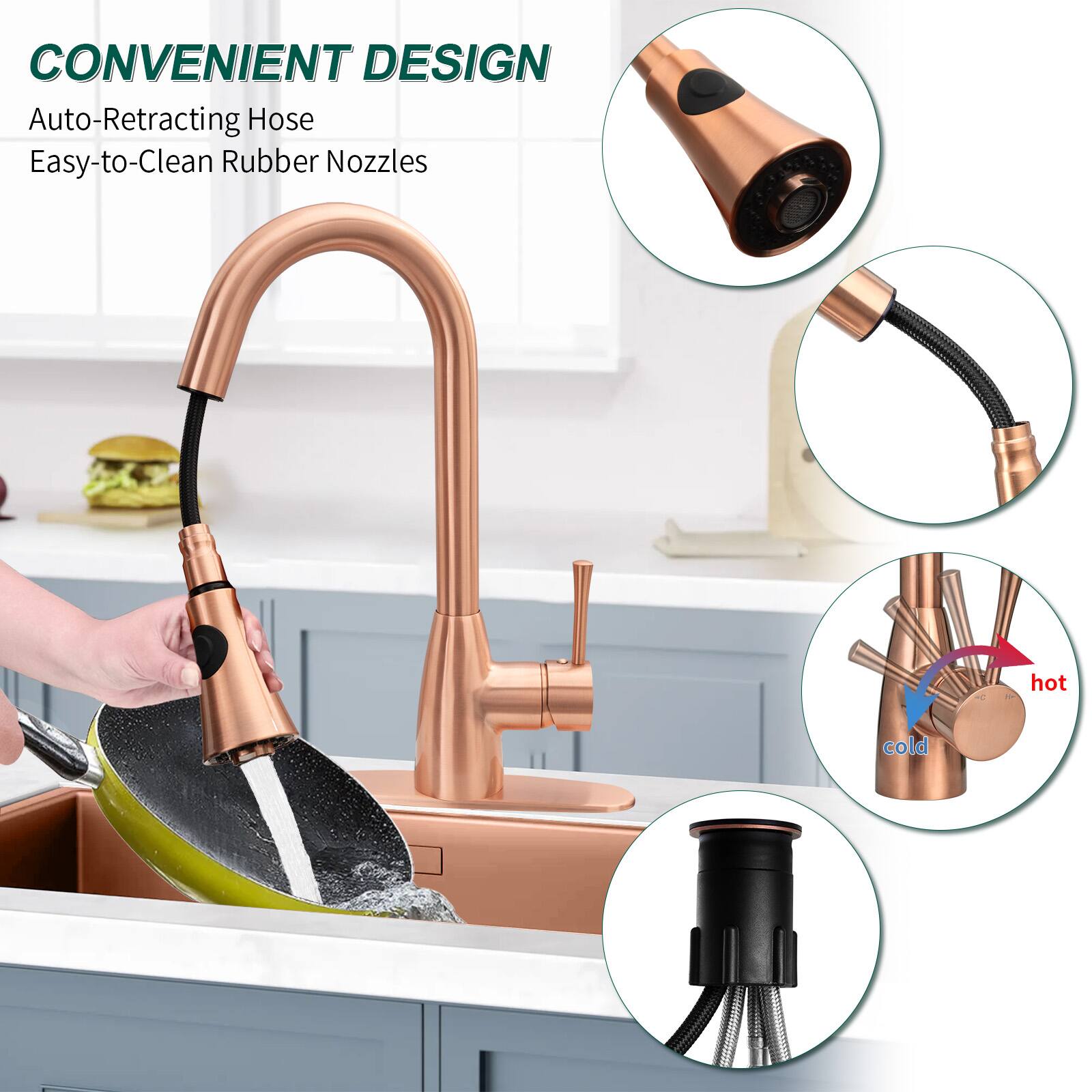 CONVENIENT DESIGN  
Auto-Retracting Hose  
Easy-to-Clean Rubber Nozzles  

hot  
cold