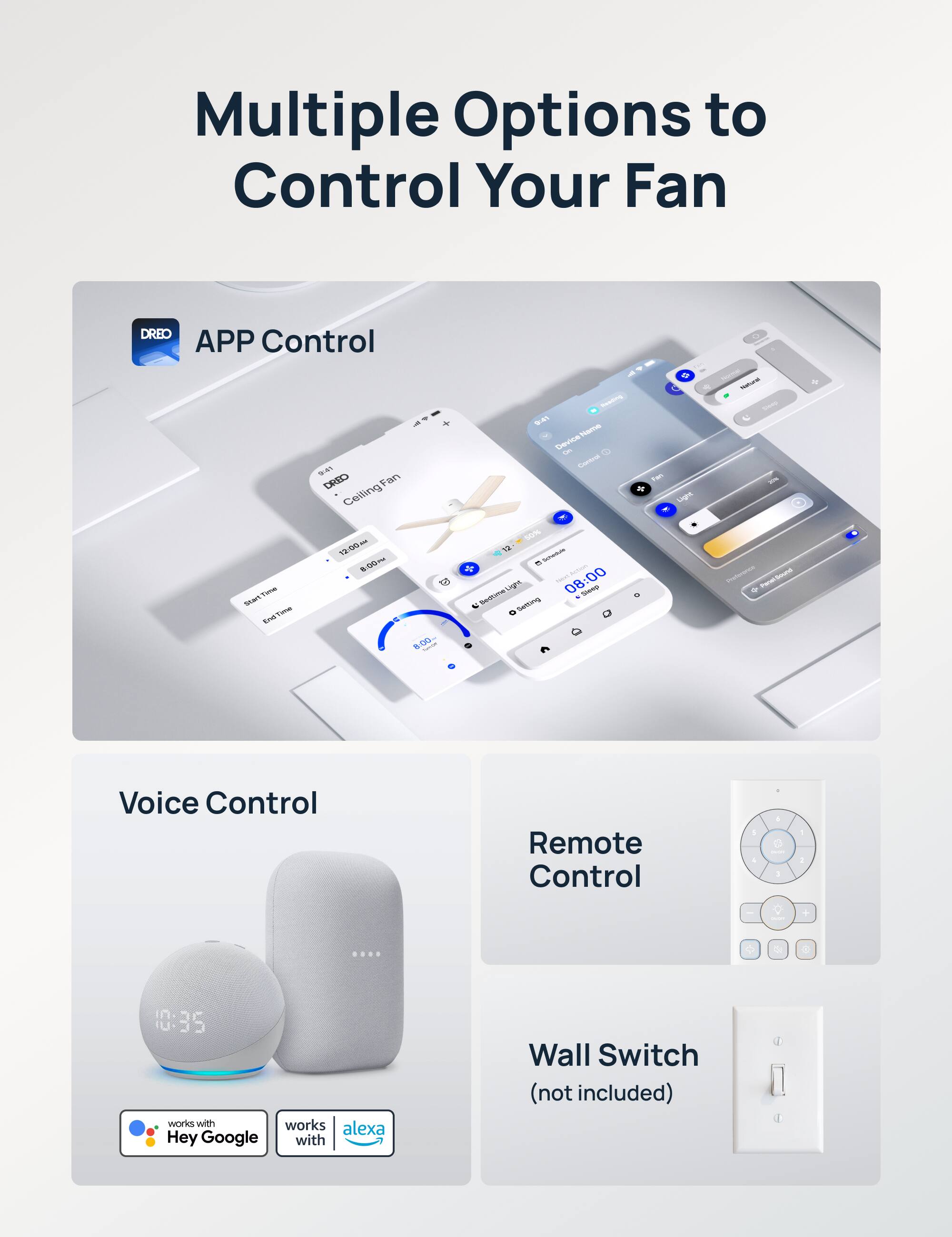 Multiple Options to Control Your Fan

- APP Control
- Voice Control
- Remote Control
- Wall Switch (not included)

Works with:
- Alexa
- Hey Google