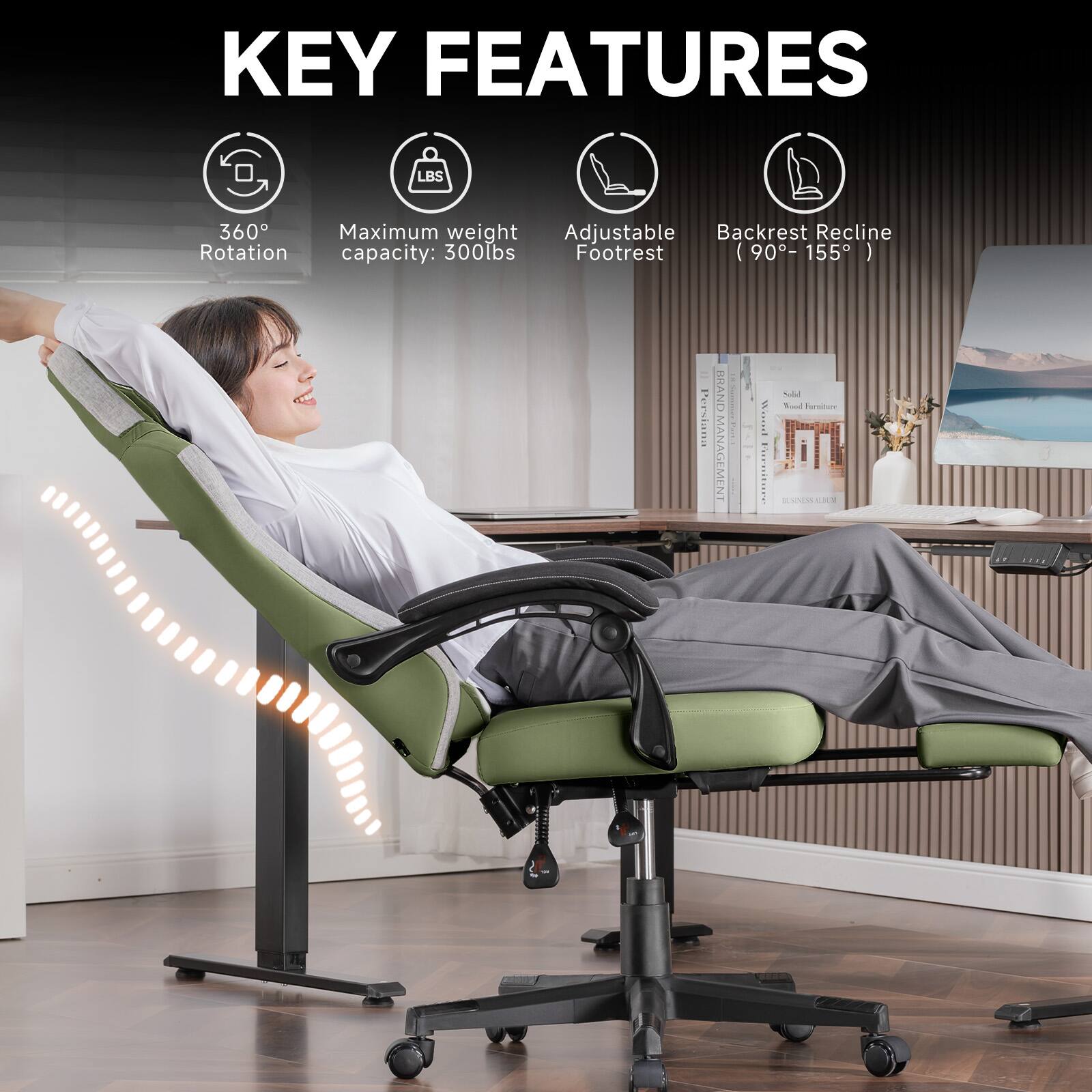 KEY FEATURES

- 360° Rotation
- Maximum weight capacity: 300lbs
- Adjustable Footrest
- Backrest Recline (90° - 155°)