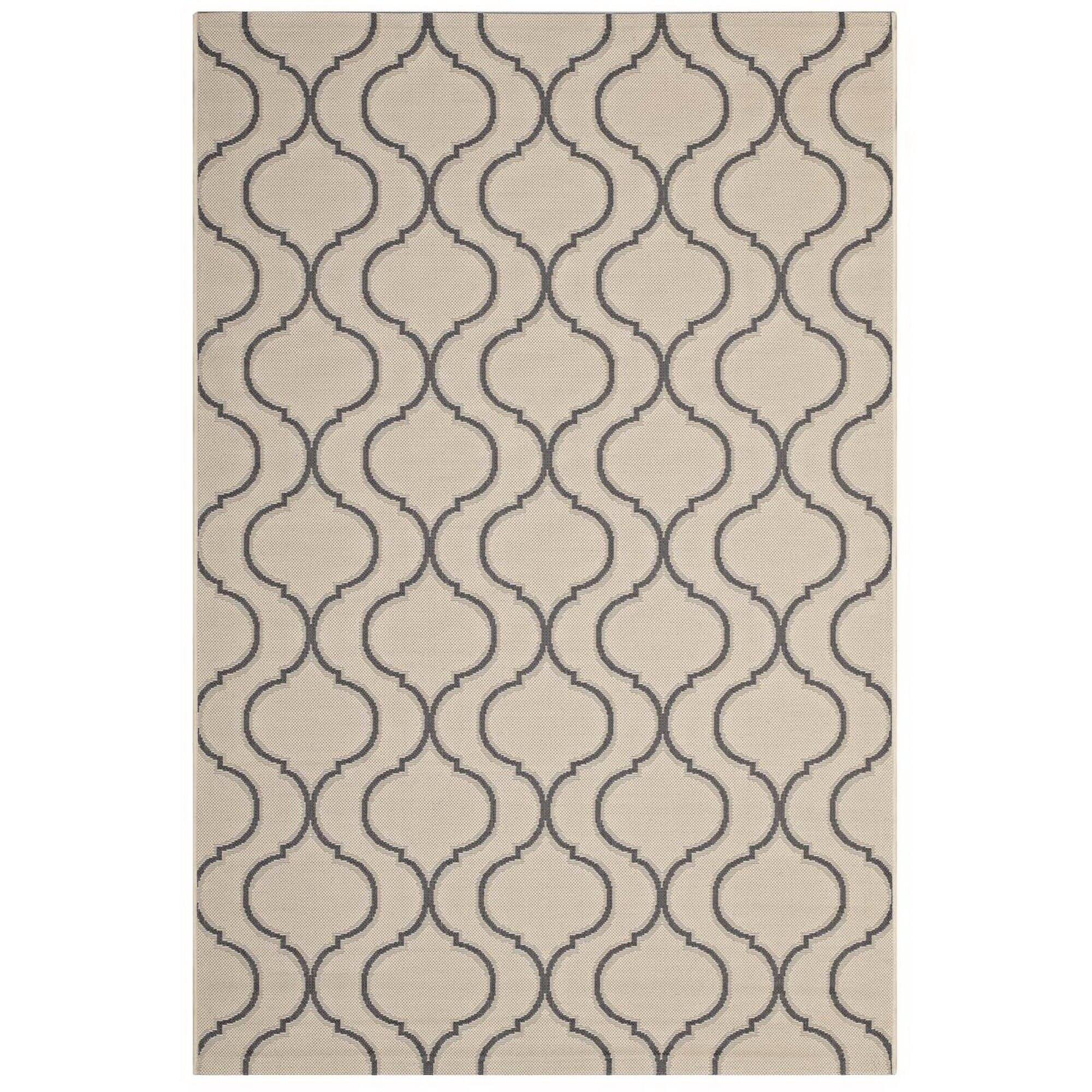 Angle. Modway - Linza Wave Abstract Trellis Indoor and Outdoor Area Rug - Beige and Gray.