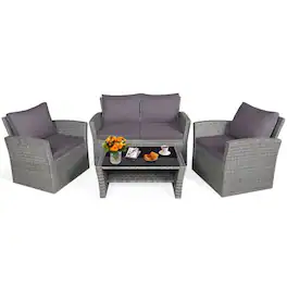 Kadyn - 5 Pcs Patio Rattan Furniture Set Garden Conversation Sets with Ottoman and Tempered Glass Coffee Table-Turquoise - Gray