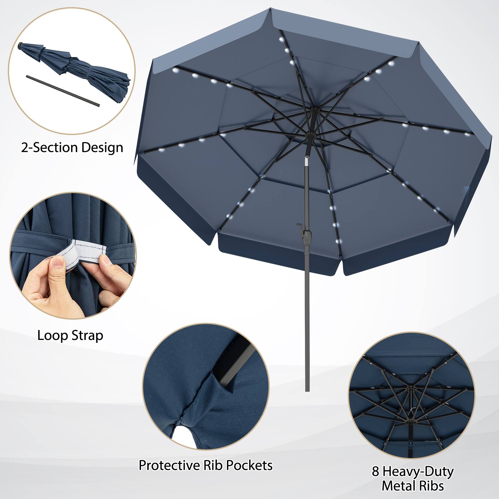 2-Section Design, Loop Strap, Protective Rib Pockets, 8 Heavy-Duty Metal Ribs