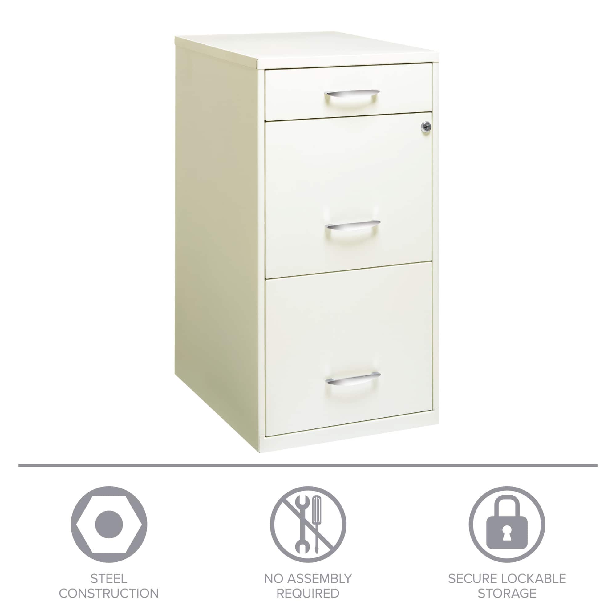 The image features a white filing cabinet with a lockable storage system. The cabinet is made of steel and does not require any assembly. The storage system is secure and lockable, ensuring the safety of the items stored inside.