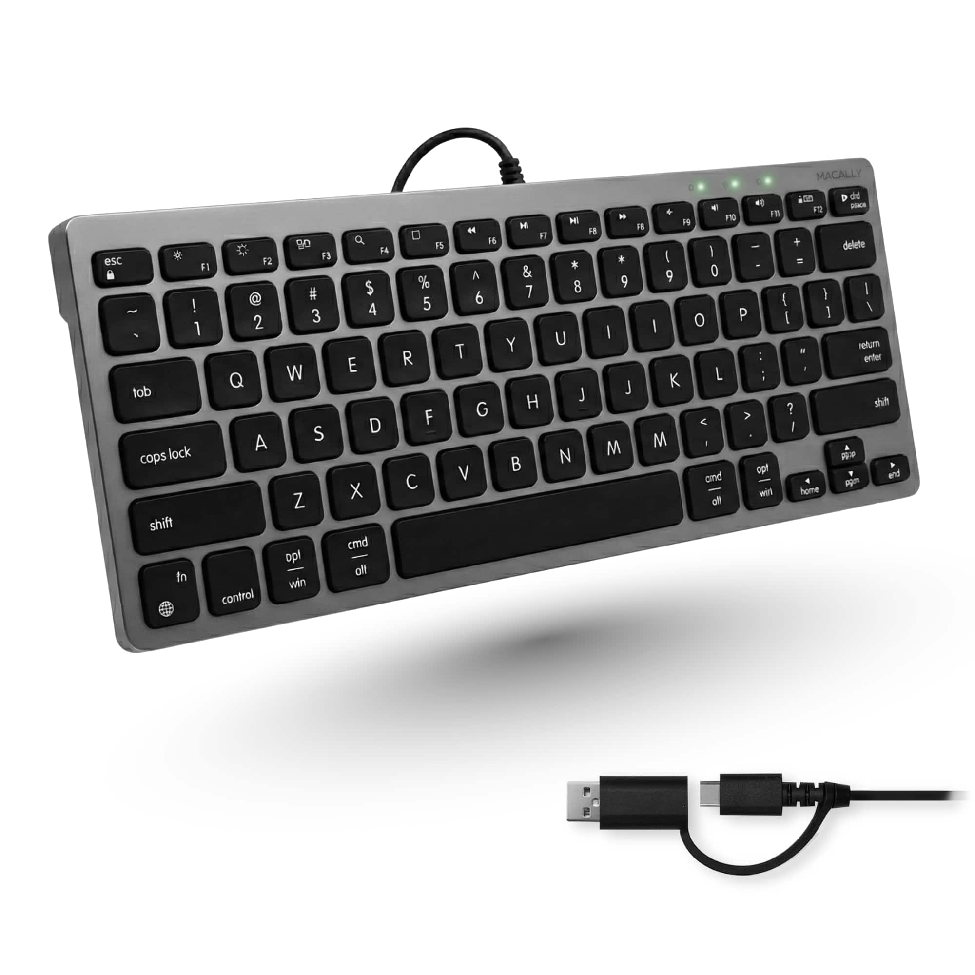 Macally - Small Wired Keyboard for Mac and PC (Dual USB C + A) - Save Space, 78-Key Layout with 13 Shortcuts, Type C - Space Gray
