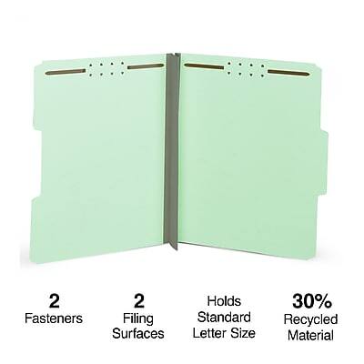 2 Fasteners  
2 Filing Surfaces  
Holds Standard Letter Size  
30% Recycled Material