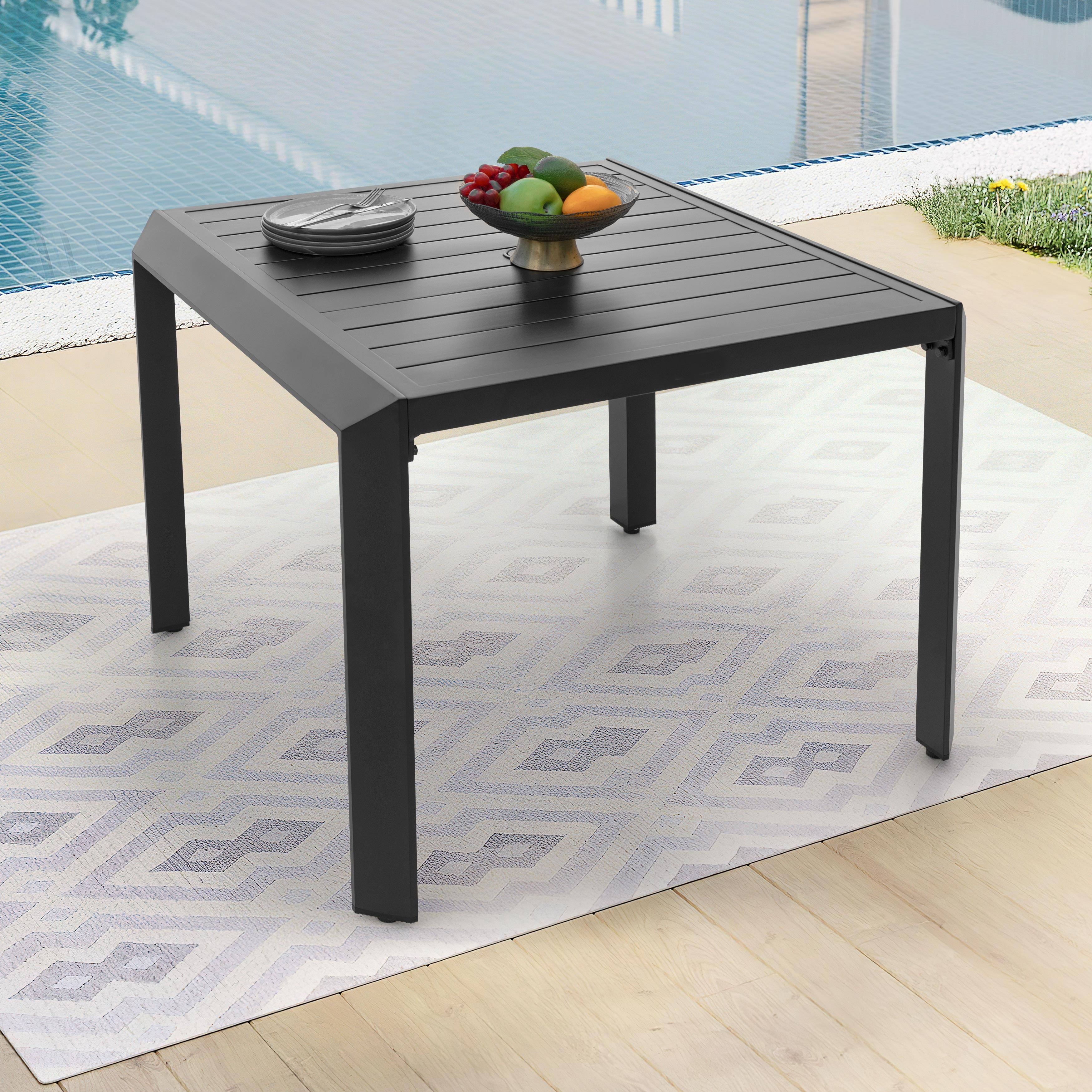 Back. Nuu Garden - Outdoor Square Aluminum Dining Table with Umbrella Hole - Black.