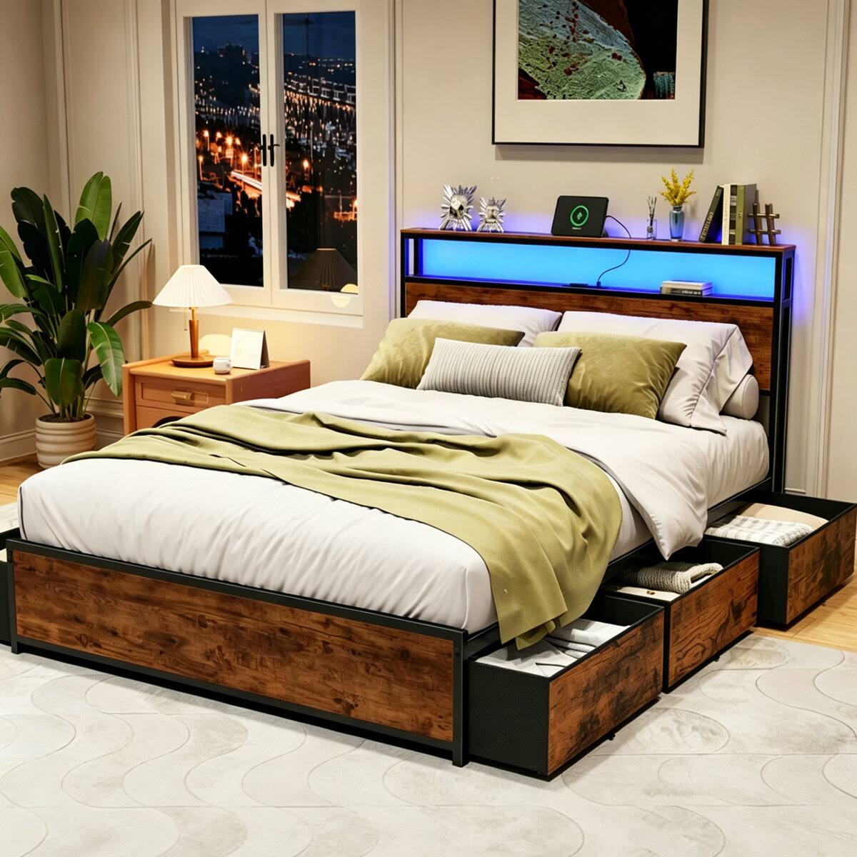 Angle. Furnulem - Platform Bed with 6 Drawers and Open Storage Headboard Adjustable LED Light and Charging Station - Brown.