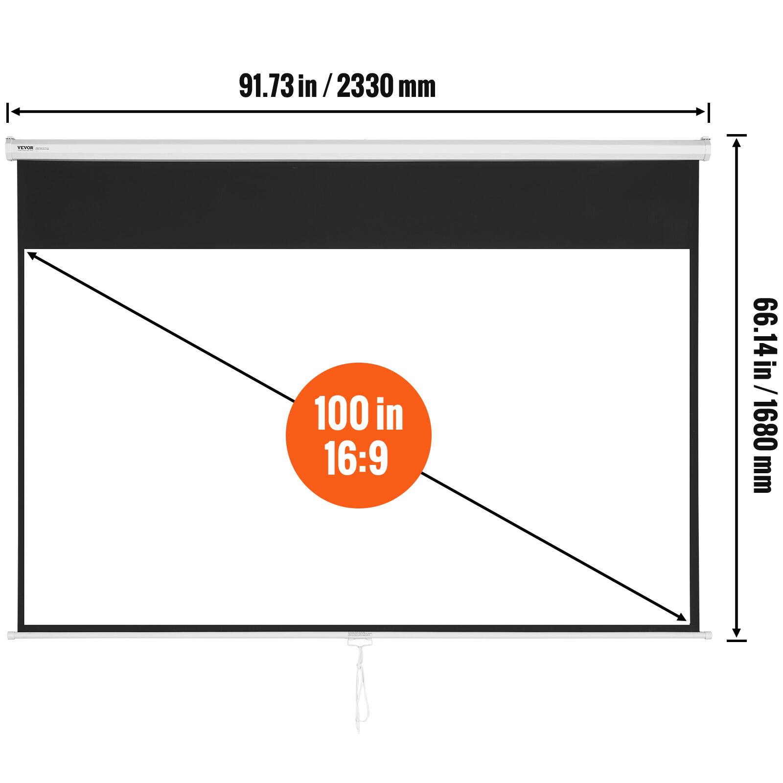 The corrected and grouped text from the image is:

- Width: 91.73 in / 2330 mm
- Height: 100 in / 1680 mm
- Aspect Ratio: 16:9