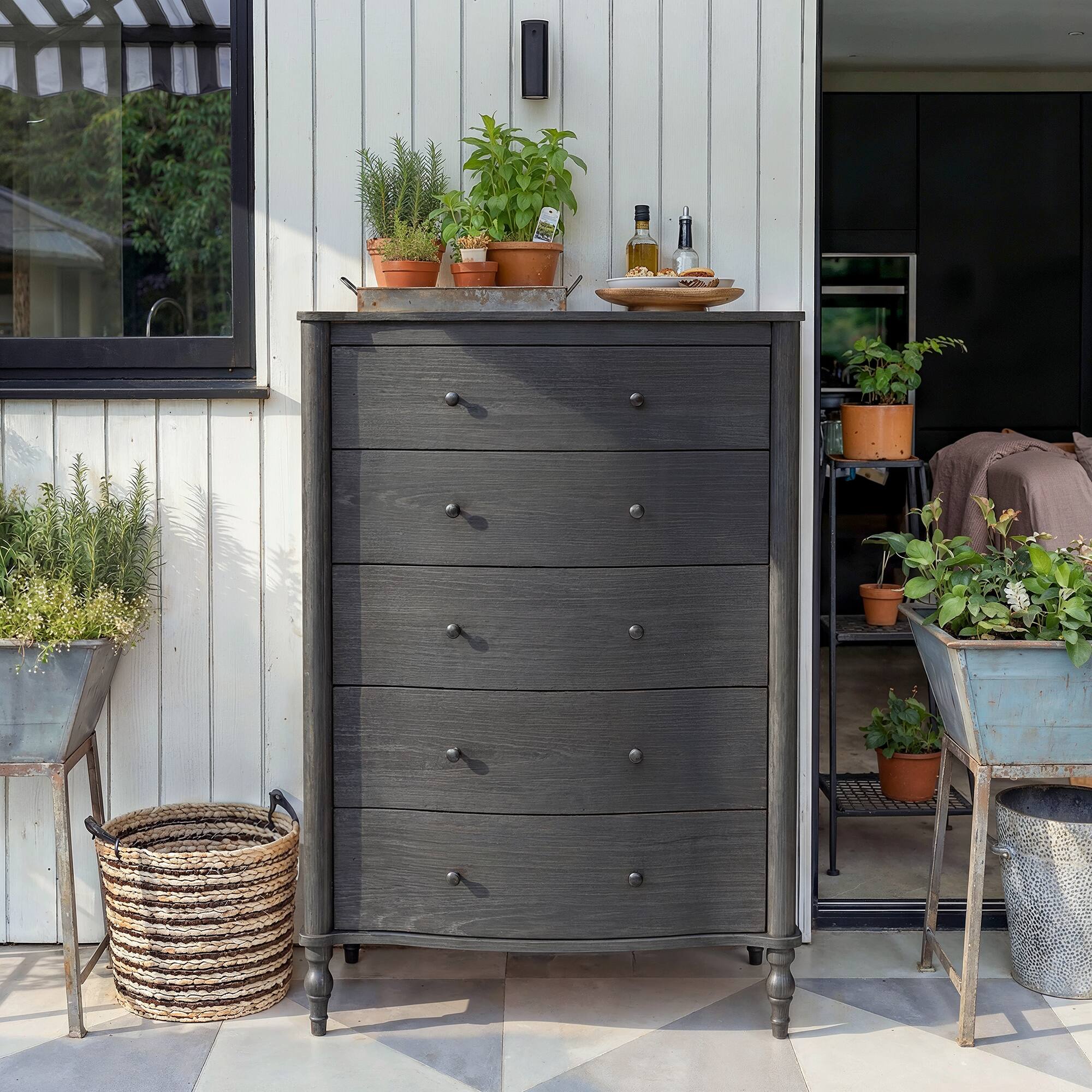 Alt View 7. FUFU & GAGA - Vintage Curved 5-Drawer Dresser - Dark Walnut Finish Storage Chest with Fluted Front for Bedroom, Entryway, Living Room - Black.