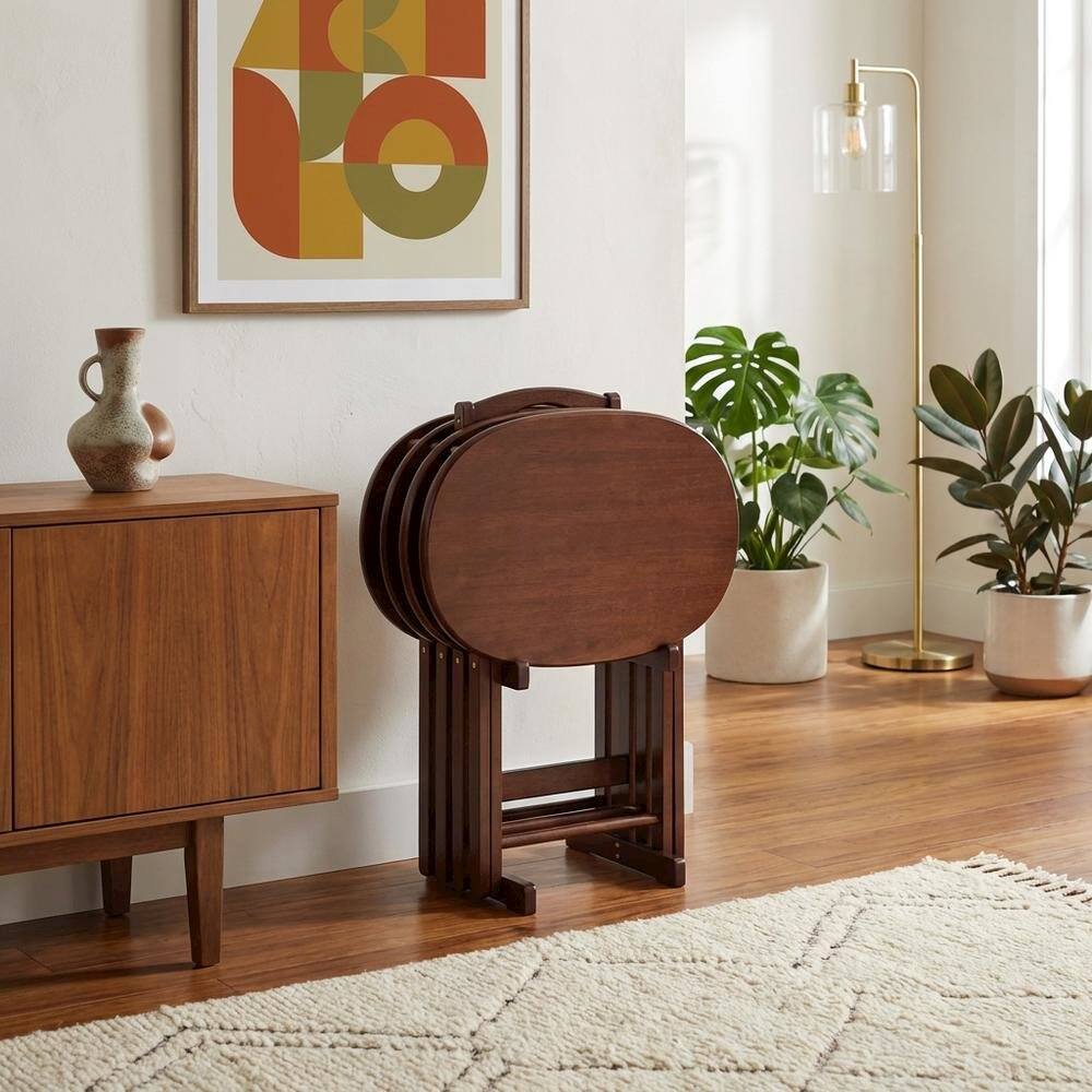 Alt View 4. FurniFact - Solid Wood Brown 5 Piece TV Trays Set With 4 Folding Tables And Stand - Cappuccino.