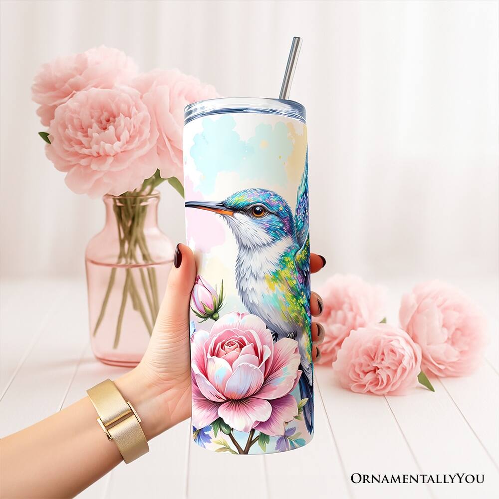Left. OrnamentallyYou - Beautiful Floral Hummingbird 20oz Tumbler With Lid and Stainless Steel Straw - Multicolored.